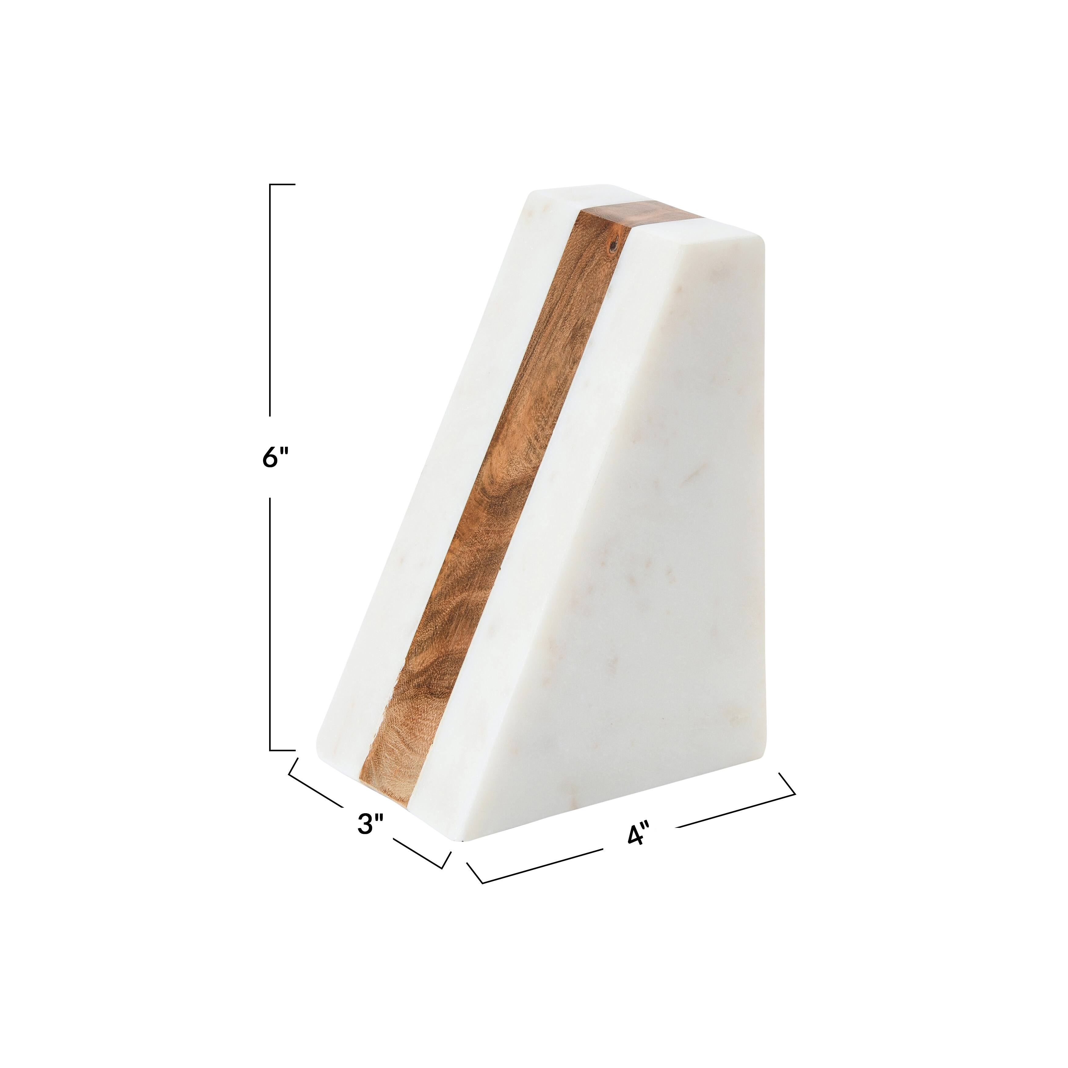 Hello Honey® 6" White Marble Geometric Bookends with Wood Inlay