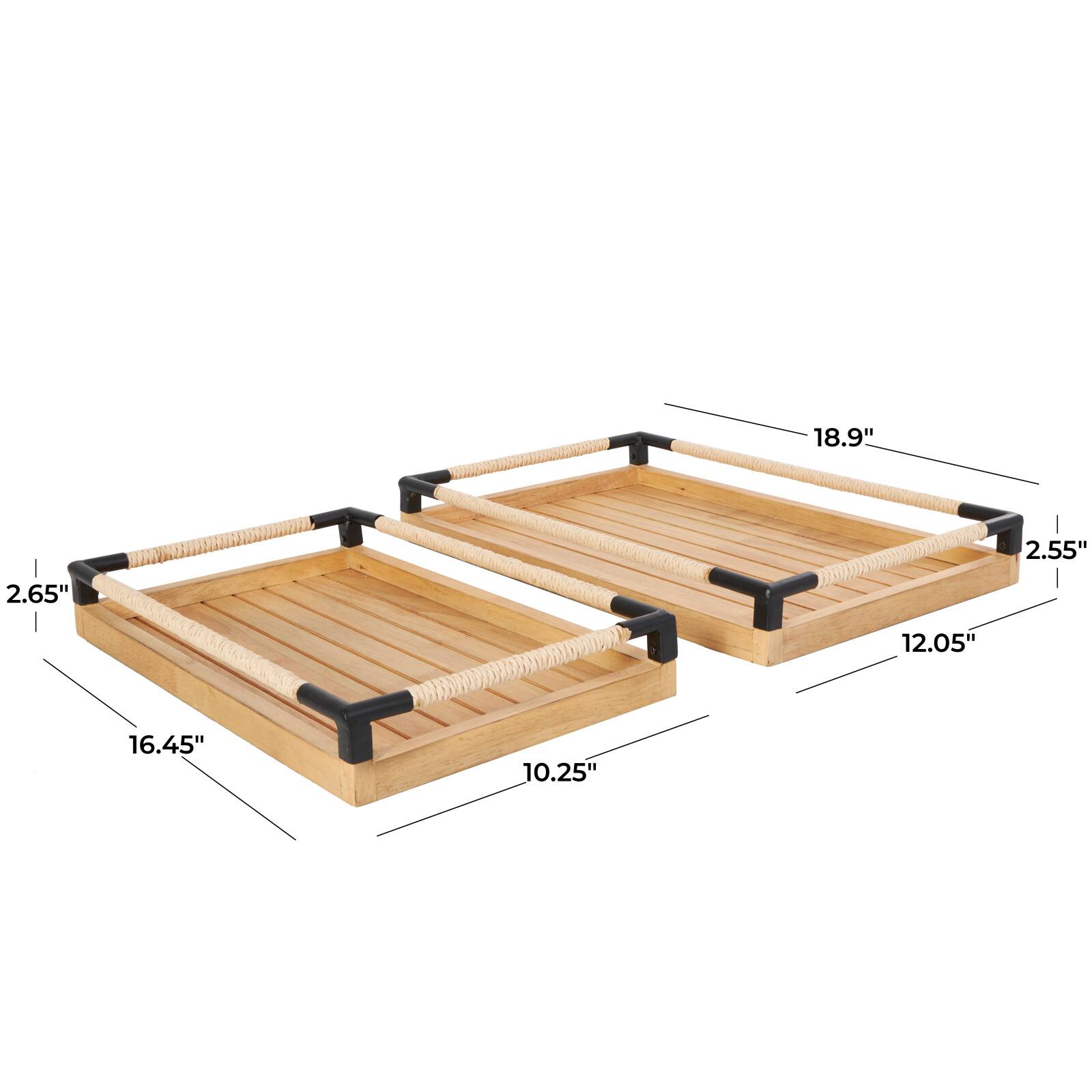 Brown Wood Slatted Tray with Elevated Woven Sides &#x26; Black Metal Corners Set