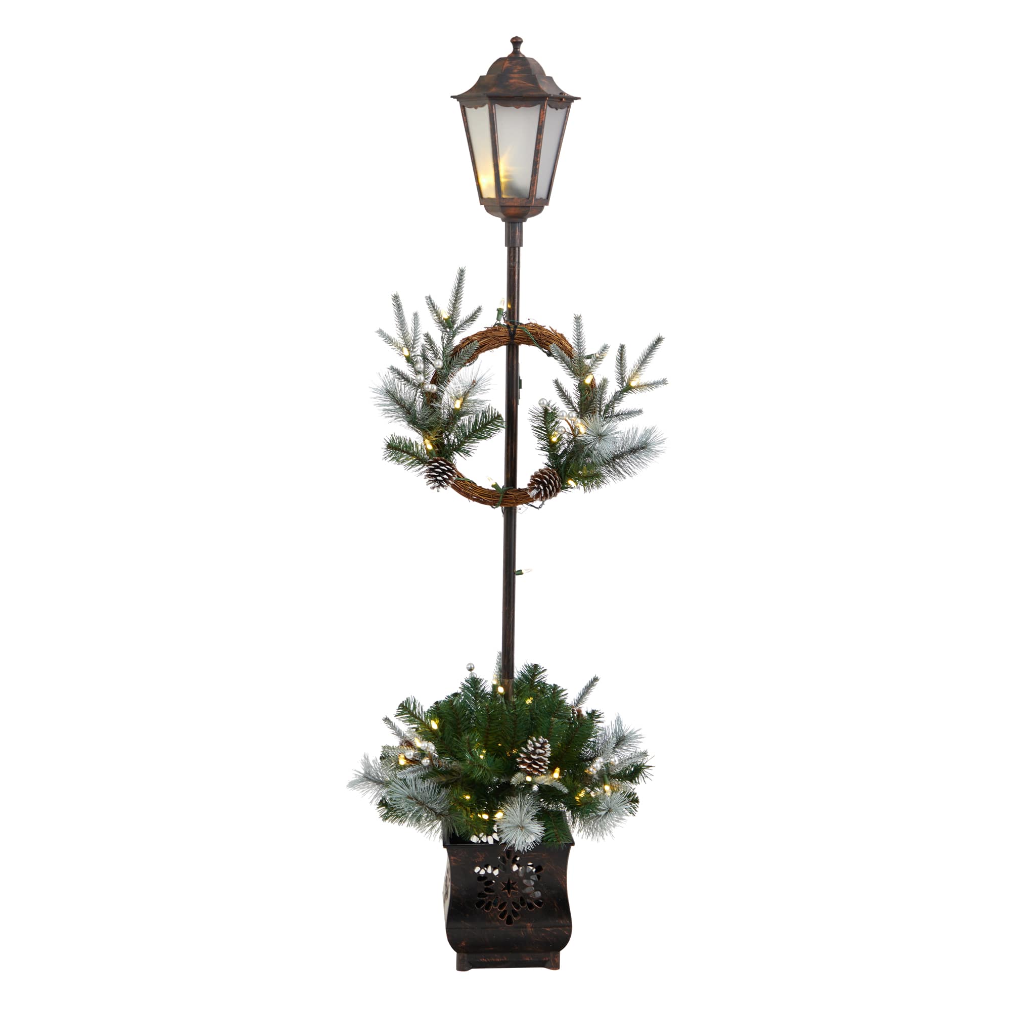 5ft. Pre-lit LED Holiday Decorated Lamp Post With Greenery In Decorative Planter