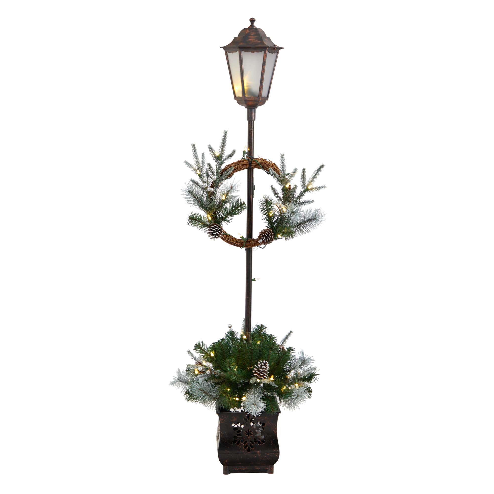 5ft. Pre-lit LED Holiday Decorated Lamp Post With Greenery In Decorative Planter