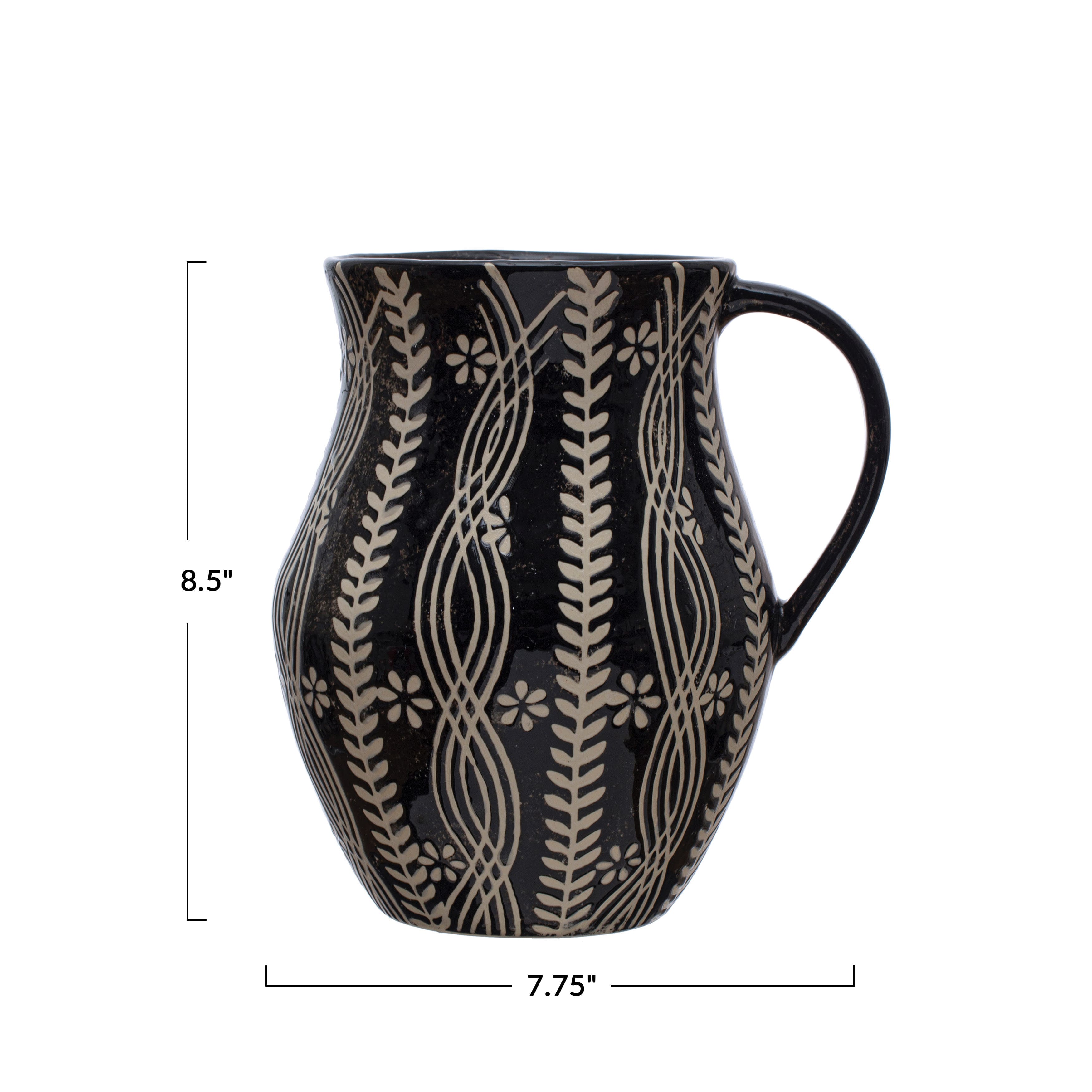 8.5&#x22; Black &#x26; Natural Stoneware Pitcher with Wax Relief Botanicals