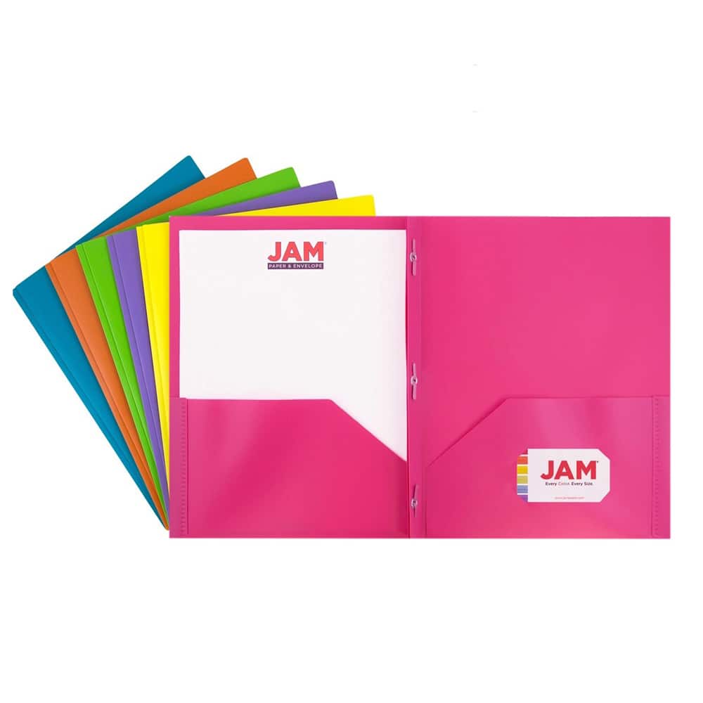 JAM Paper 9.5" x 11.5" Assorted Fashion Colors Plastic 2 Pocket School POP Folders with Clasps, 6ct.