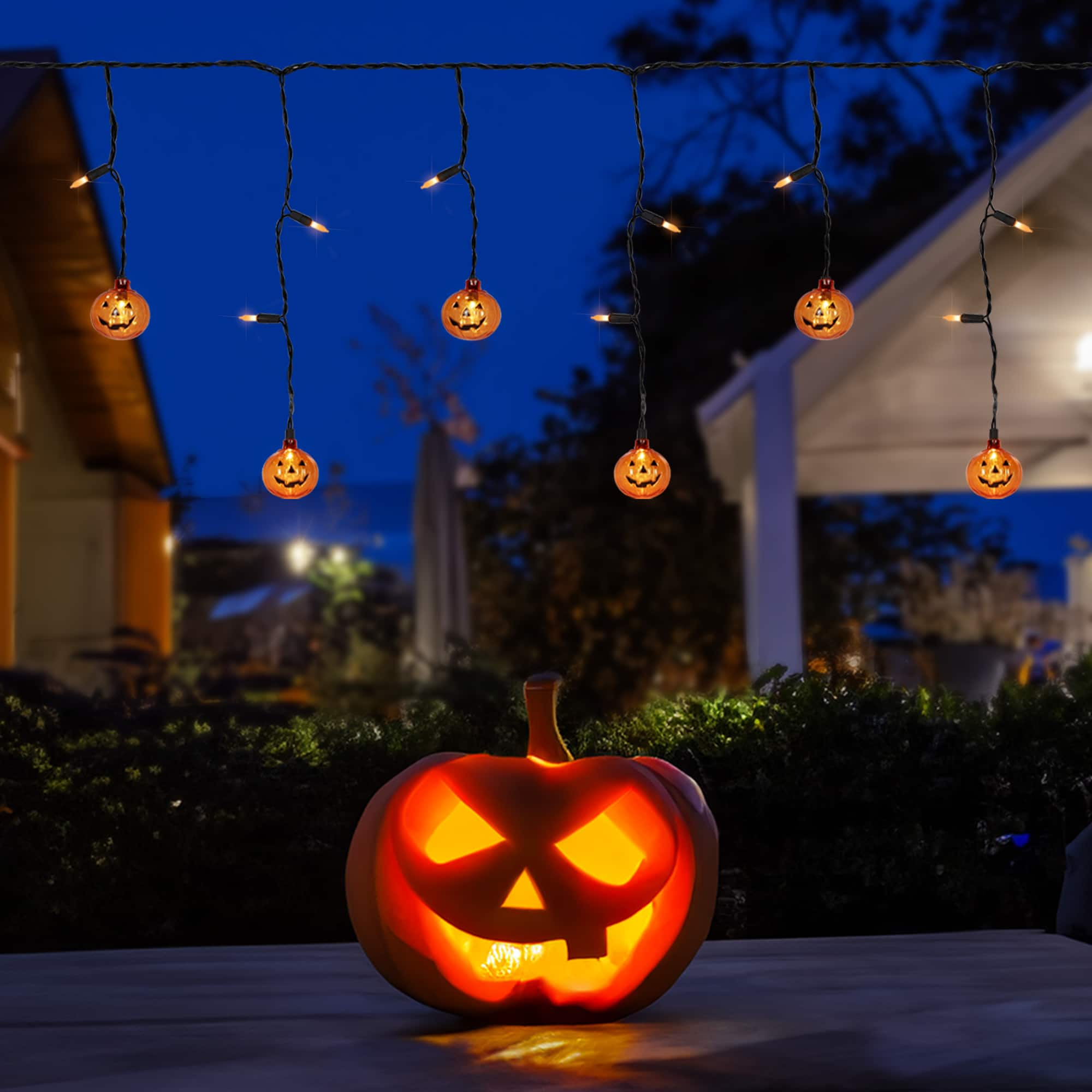 25ct. Jack-o&#x27;-Lantern Orange LED Curtain Icicle String Lights