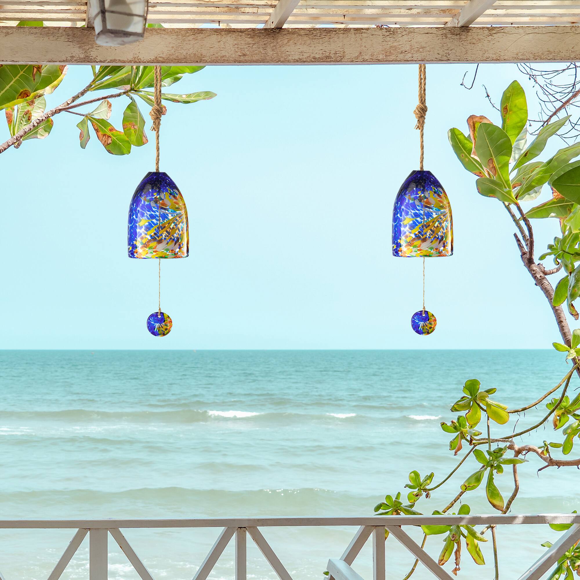 Glitzhome® 26" Blue & Yellow Glass Twist Glaze Windchime