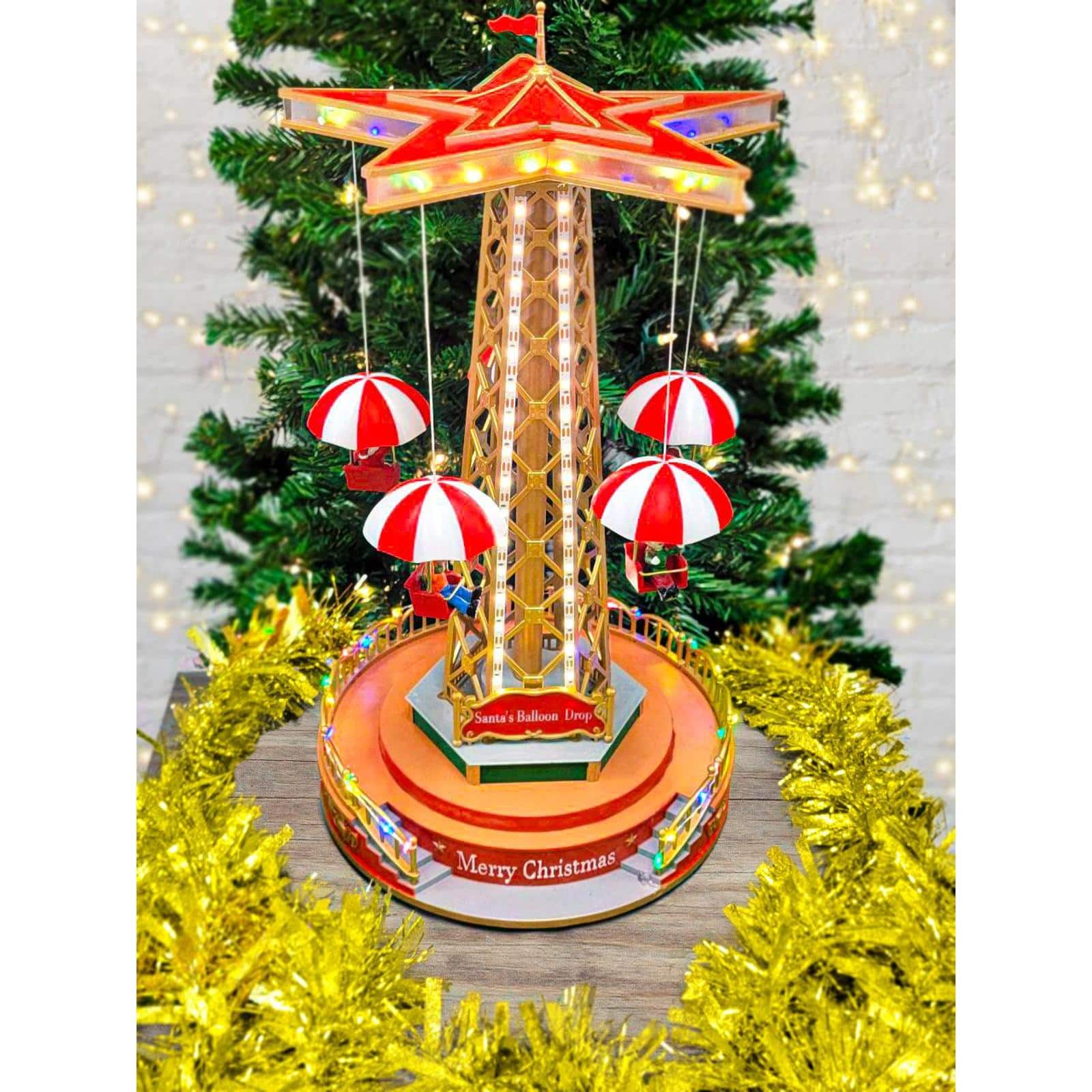Wizardi Animated Christmas Village Carousel Parachute Tower