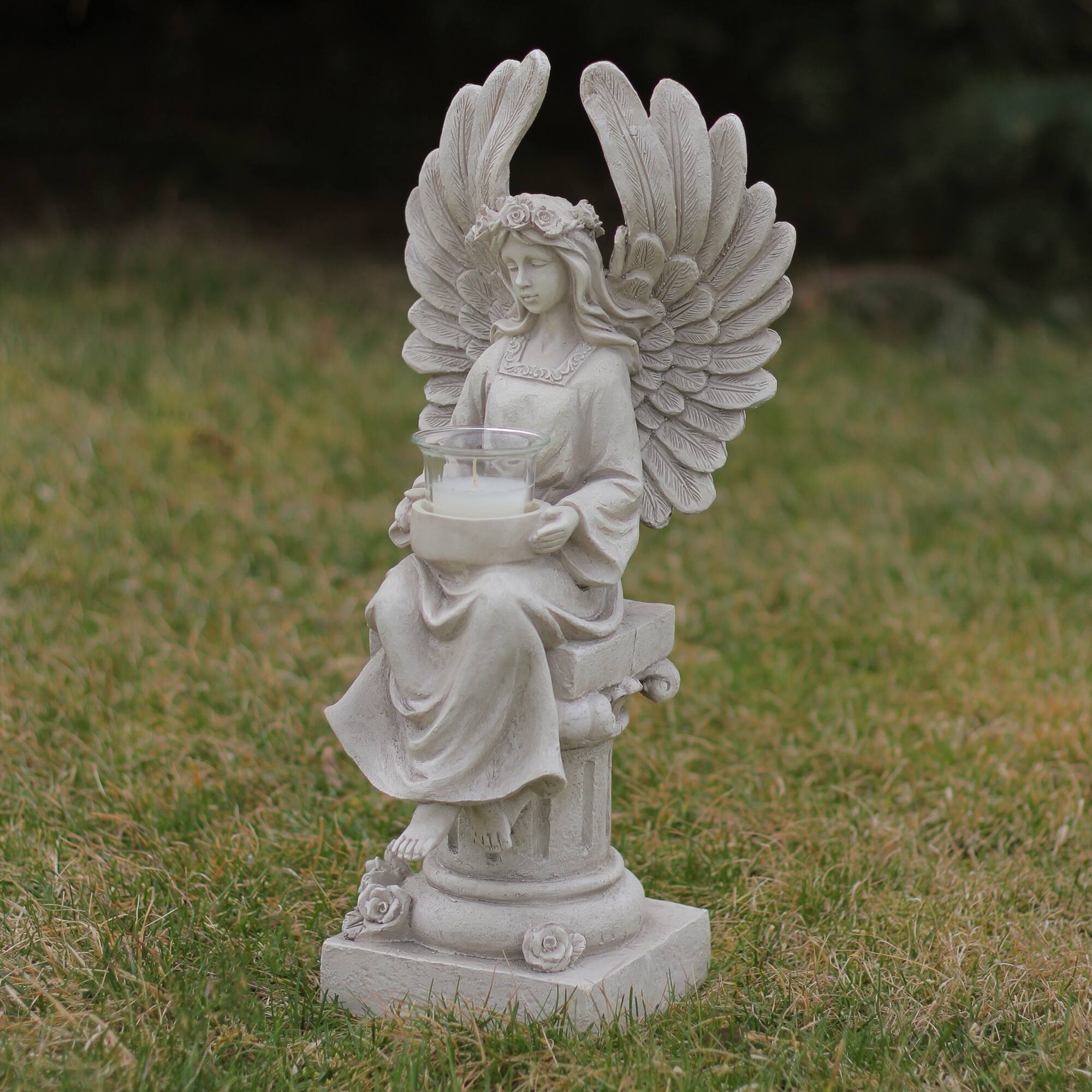 17&#x22; Peaceful Angel Sitting on a Pedestal Candle Holder Statue