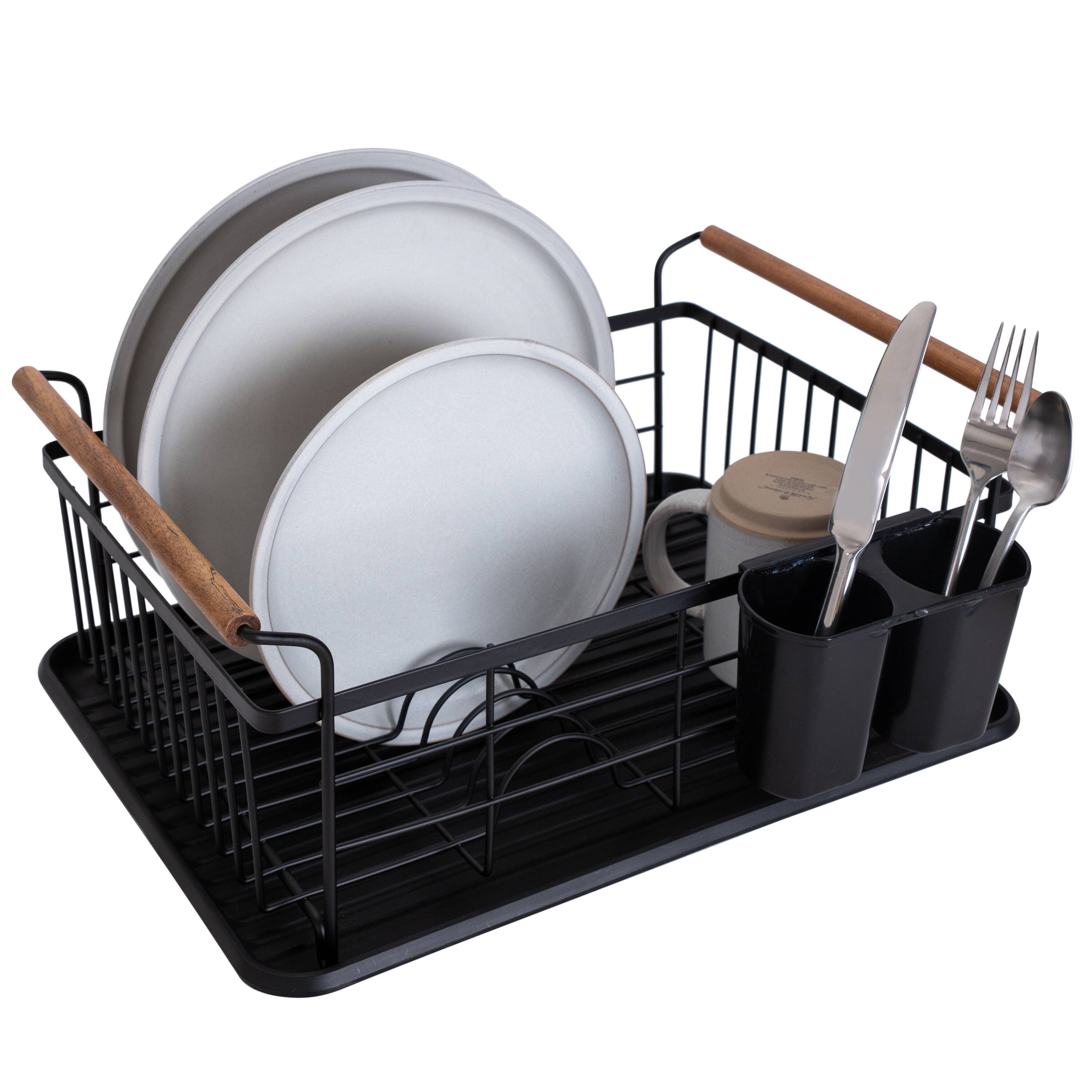 Kitchen Details Acacia Wood Black Drying Rack with Draining Tray
