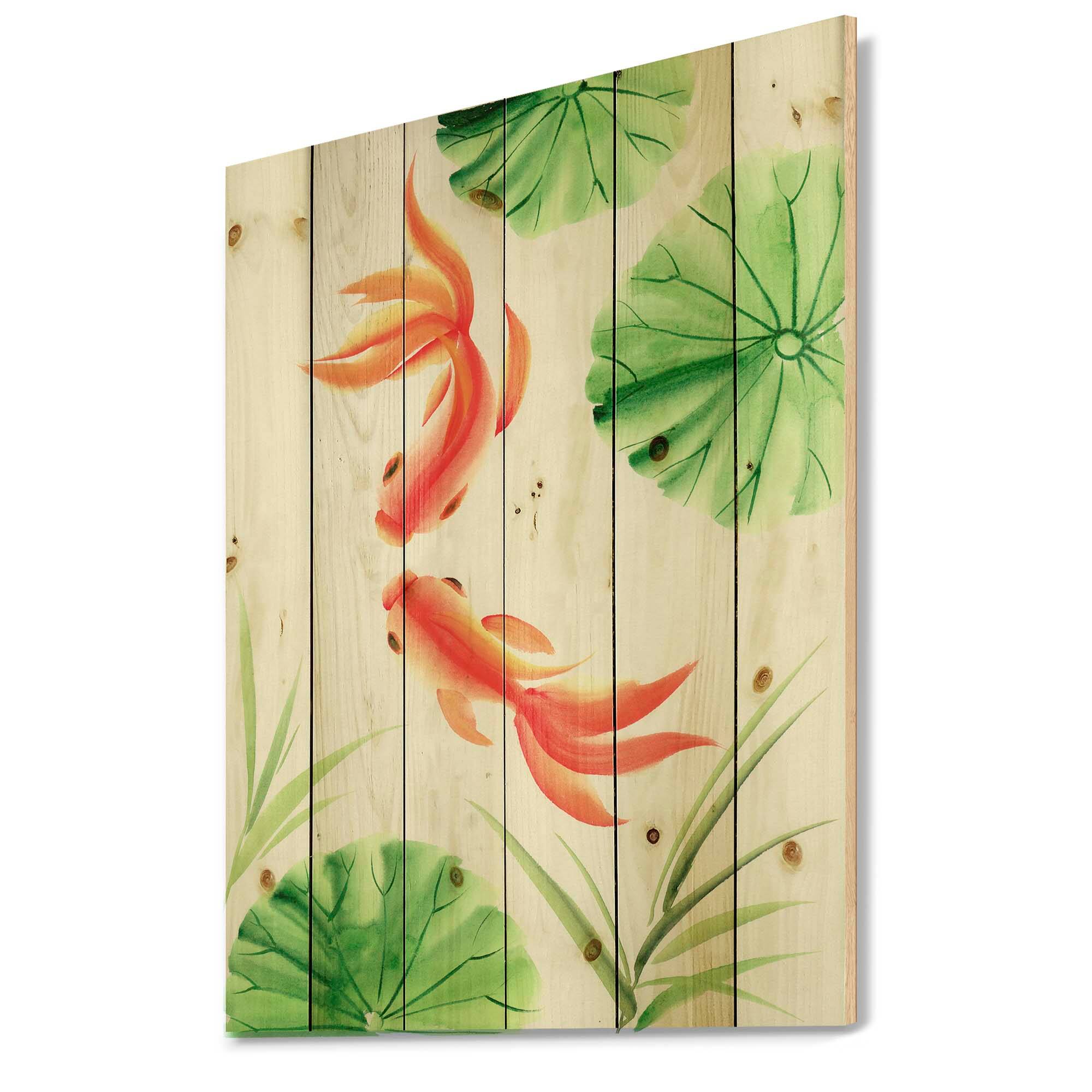 Designart - Goldfishes Among The Lotus Leaves - Nautical & Coastal Print on Natural Pine Wood