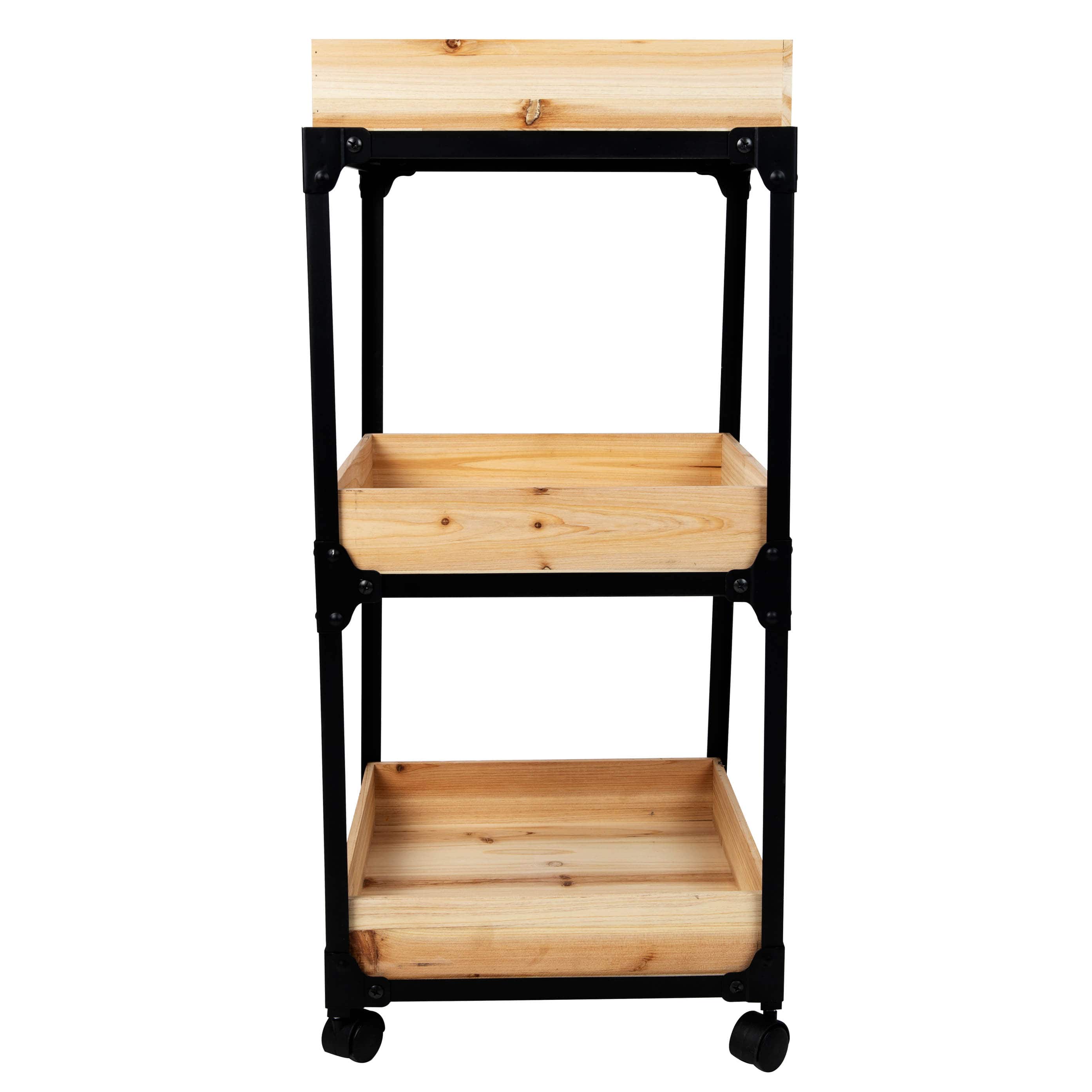 Mind Reader 3-Tier Black Metal Rolling Organizer with Wooden Baskets