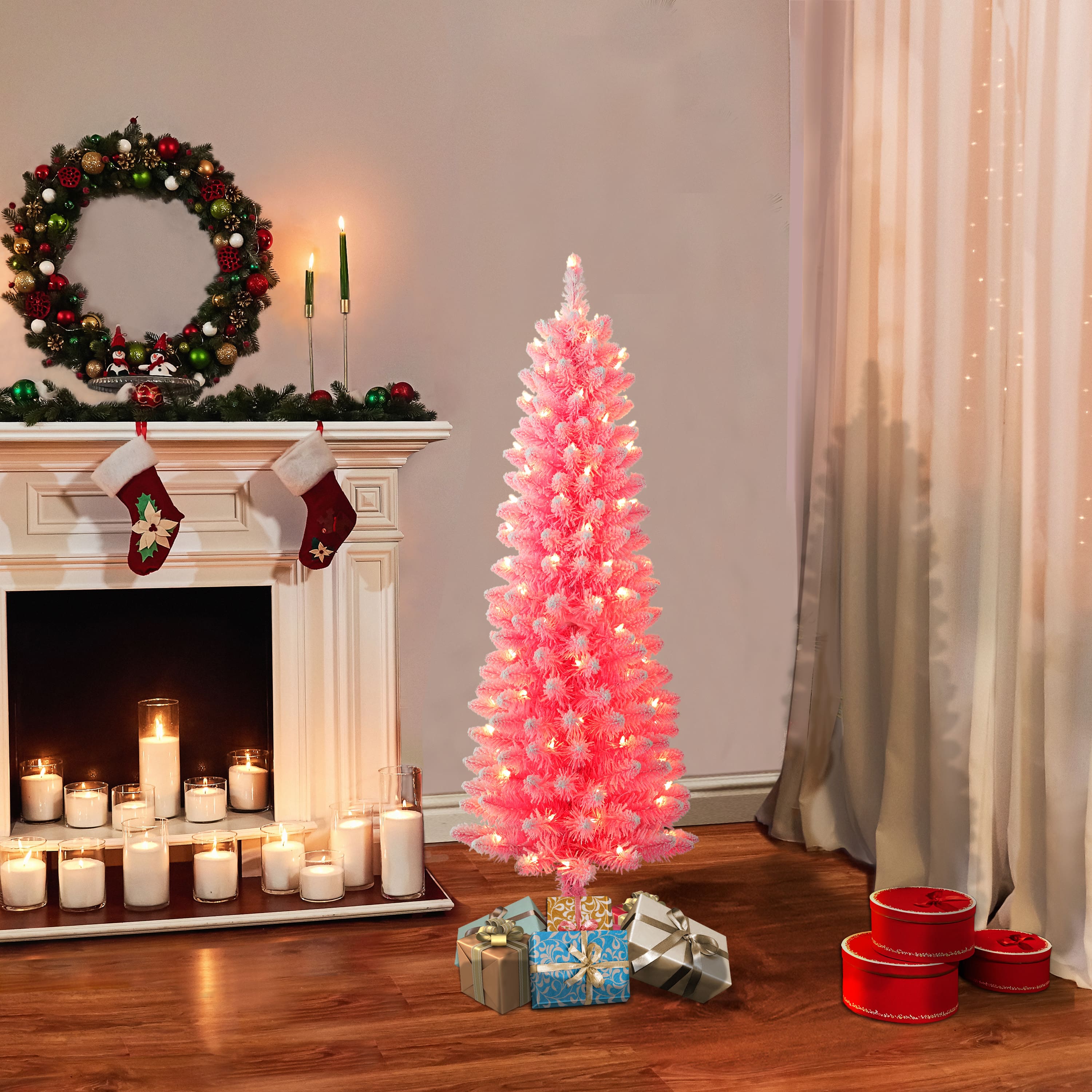 4.5ft. Pre-Lit Flocked Fashion Pink Pencil Artificial Christmas Tree, Clear Lights