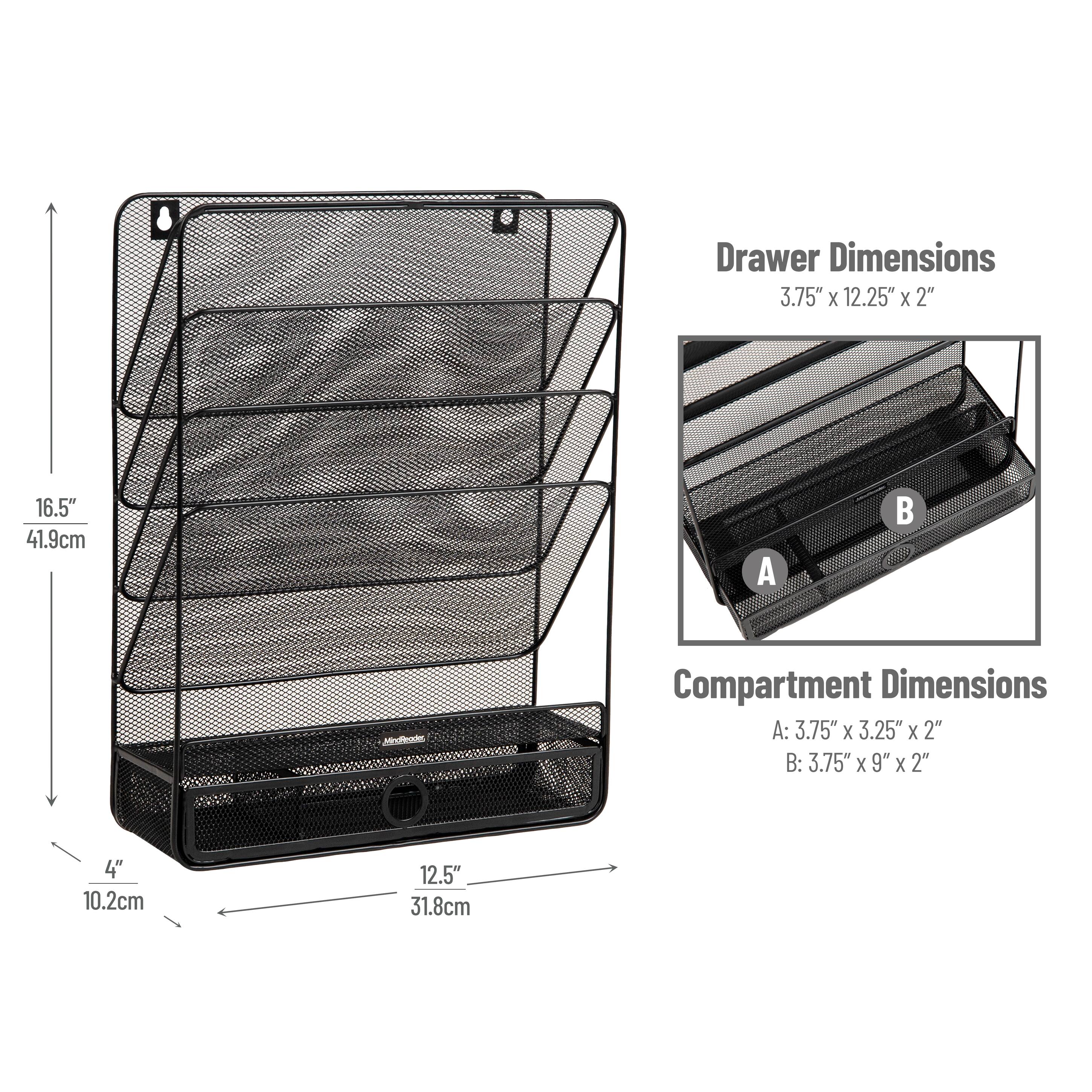 Mind Reader 4-Tier Vertical File Storage, Desktop Organizer, Wall Mount, Office, Metal Mesh, Black
