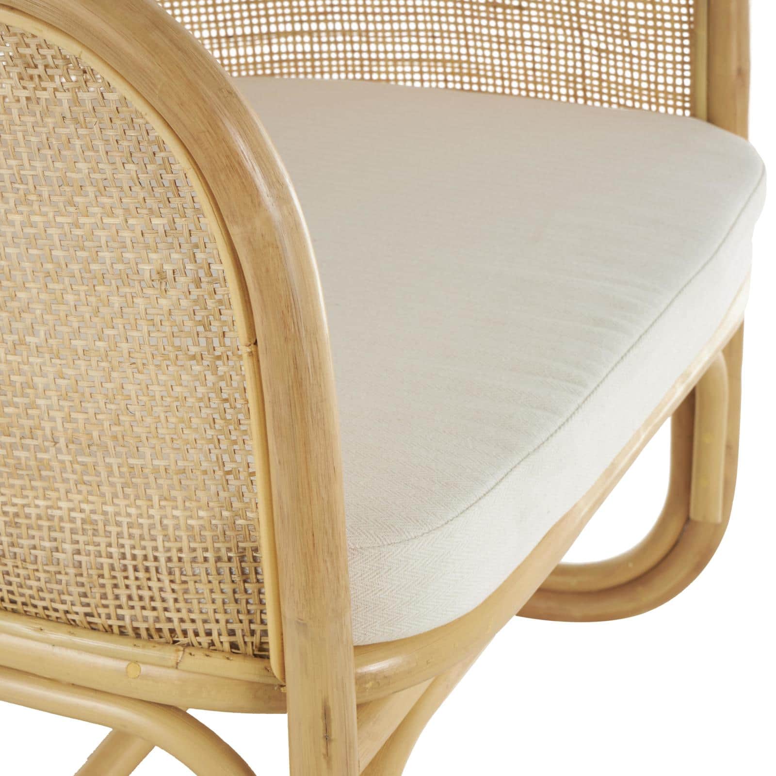 25" x 29" x 28" Light Brown Rattan Woven Rounded Accent Chair with White Fabric Cushion
