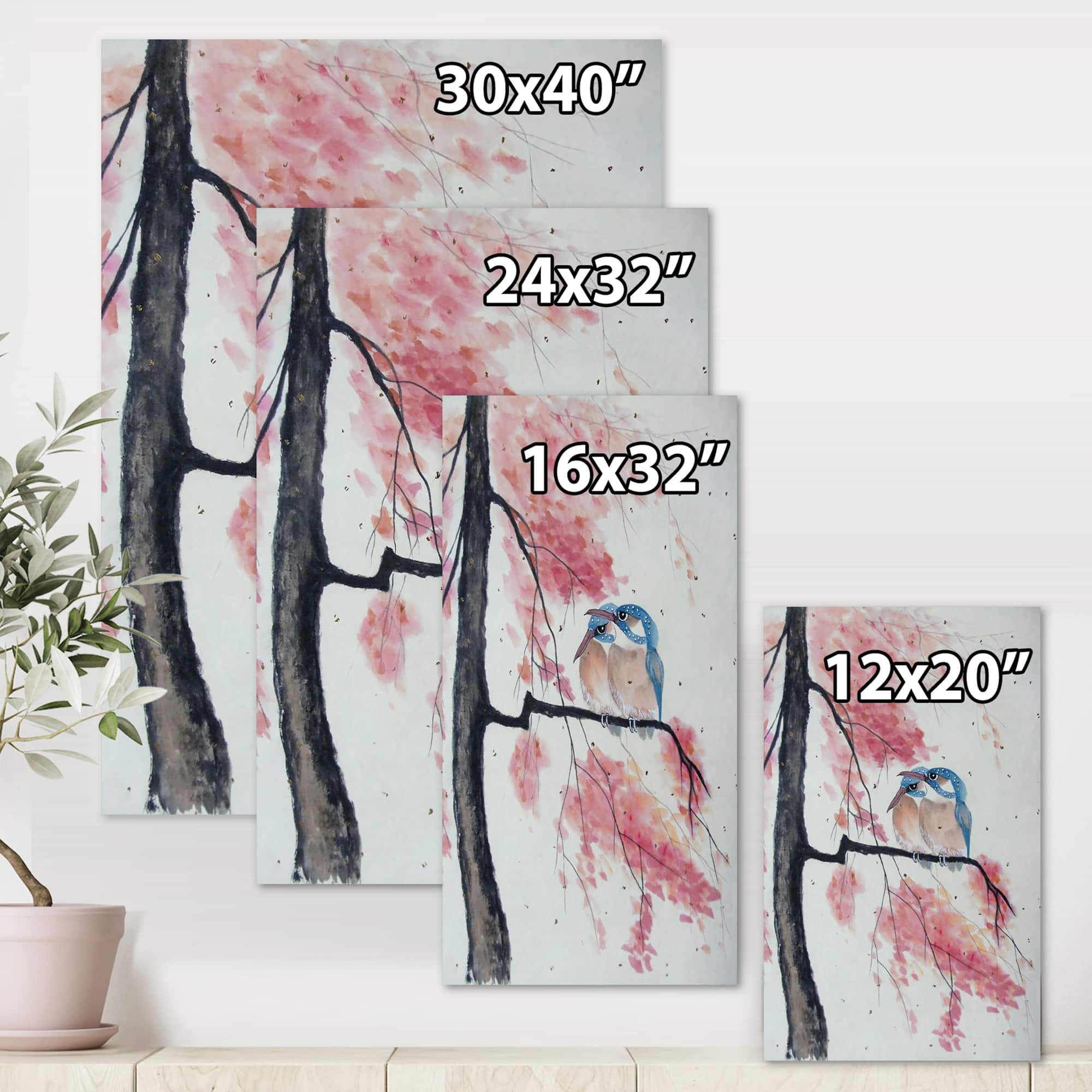 Designart - Two Kingfisher Birds Sit On A Flowering Branch - Traditional Canvas Wall Art Print