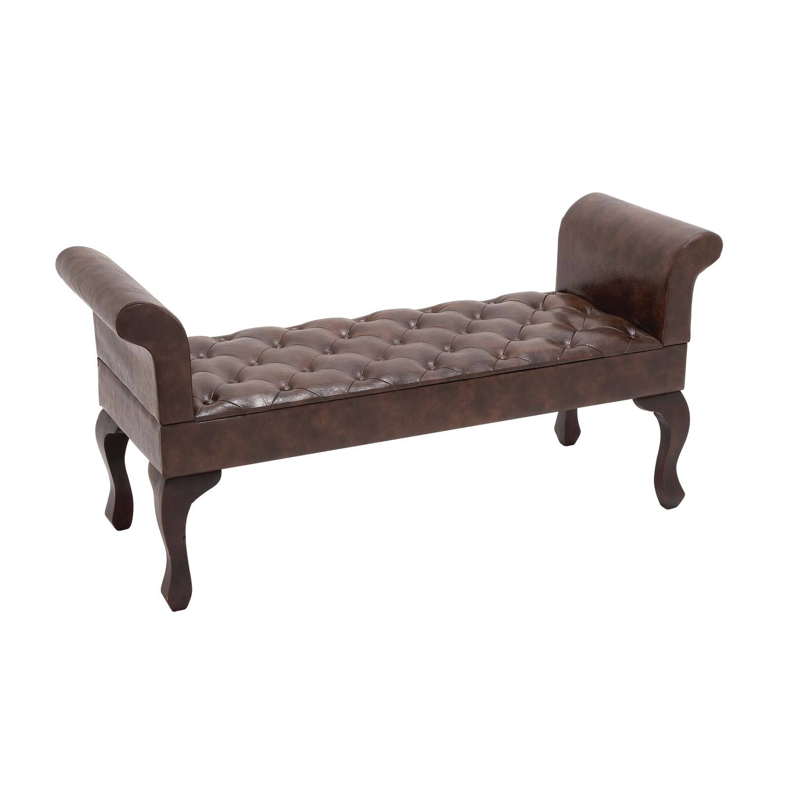 Brown Wood and Leather Traditional Bench, 25&#x22; x 53&#x22; x 18&#x22;