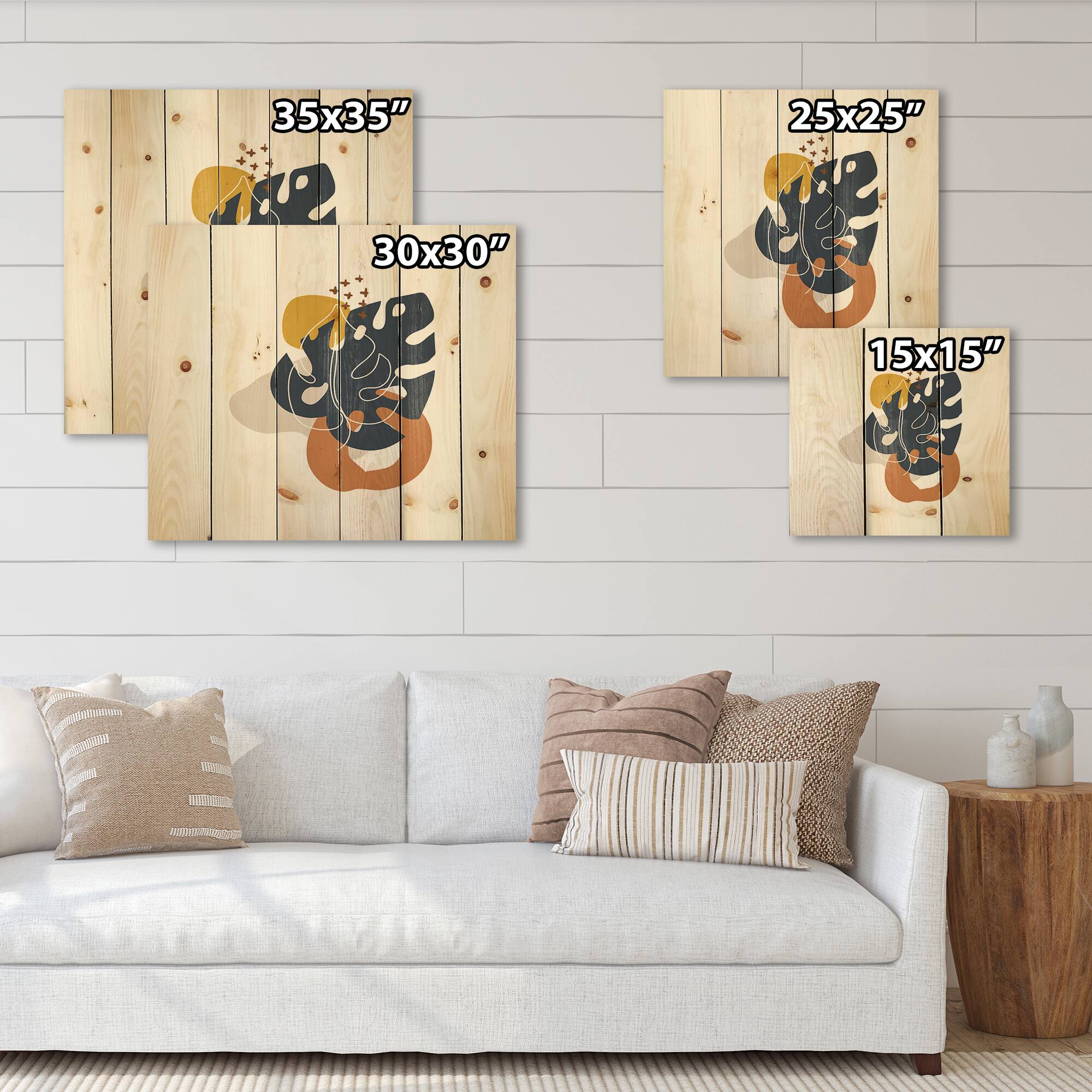 Designart - Abstract Flowers On Minimal Shapes IX - Modern Print on Natural Pine Wood