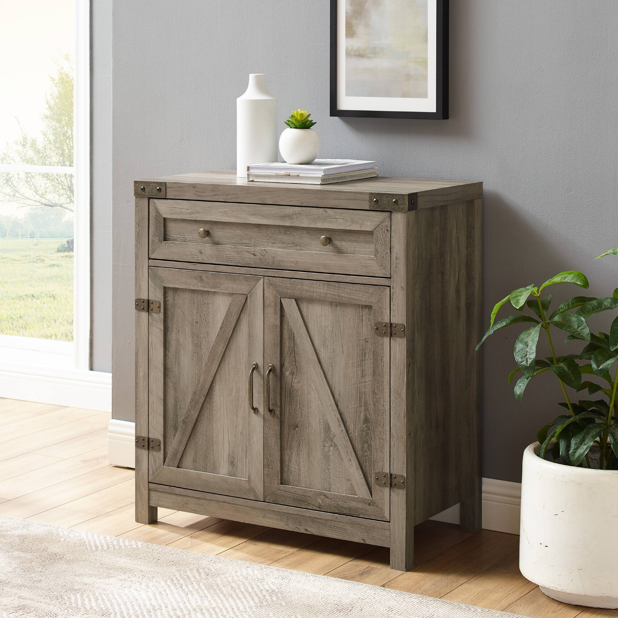 Walker Edison Gray Wash Farmhouse Barn Door Accent Cabinet