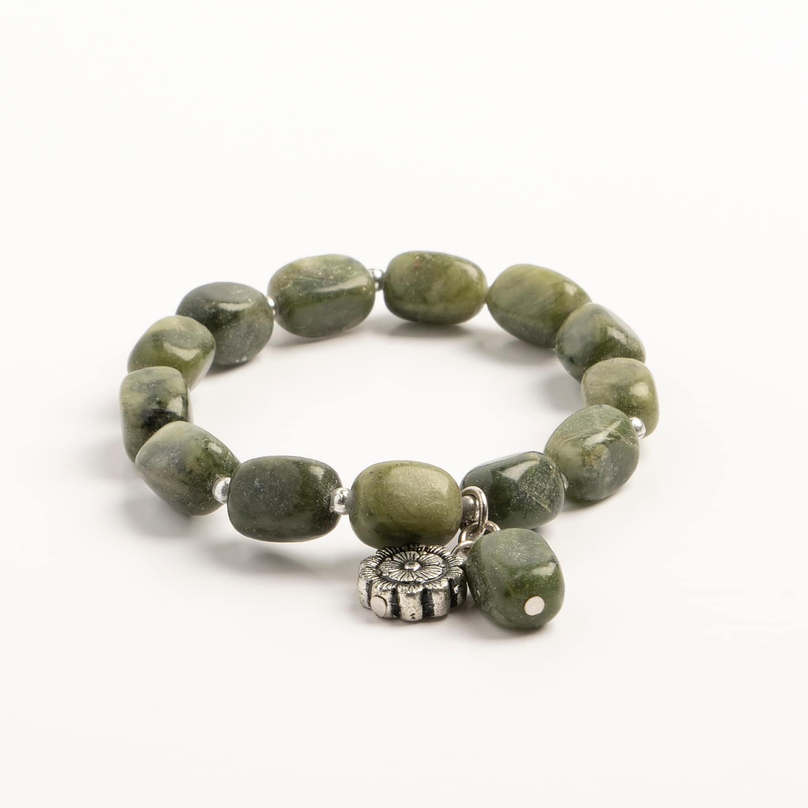 John Bead New Jade Green Natural Stone Stretch Bracelet with Flower Charm