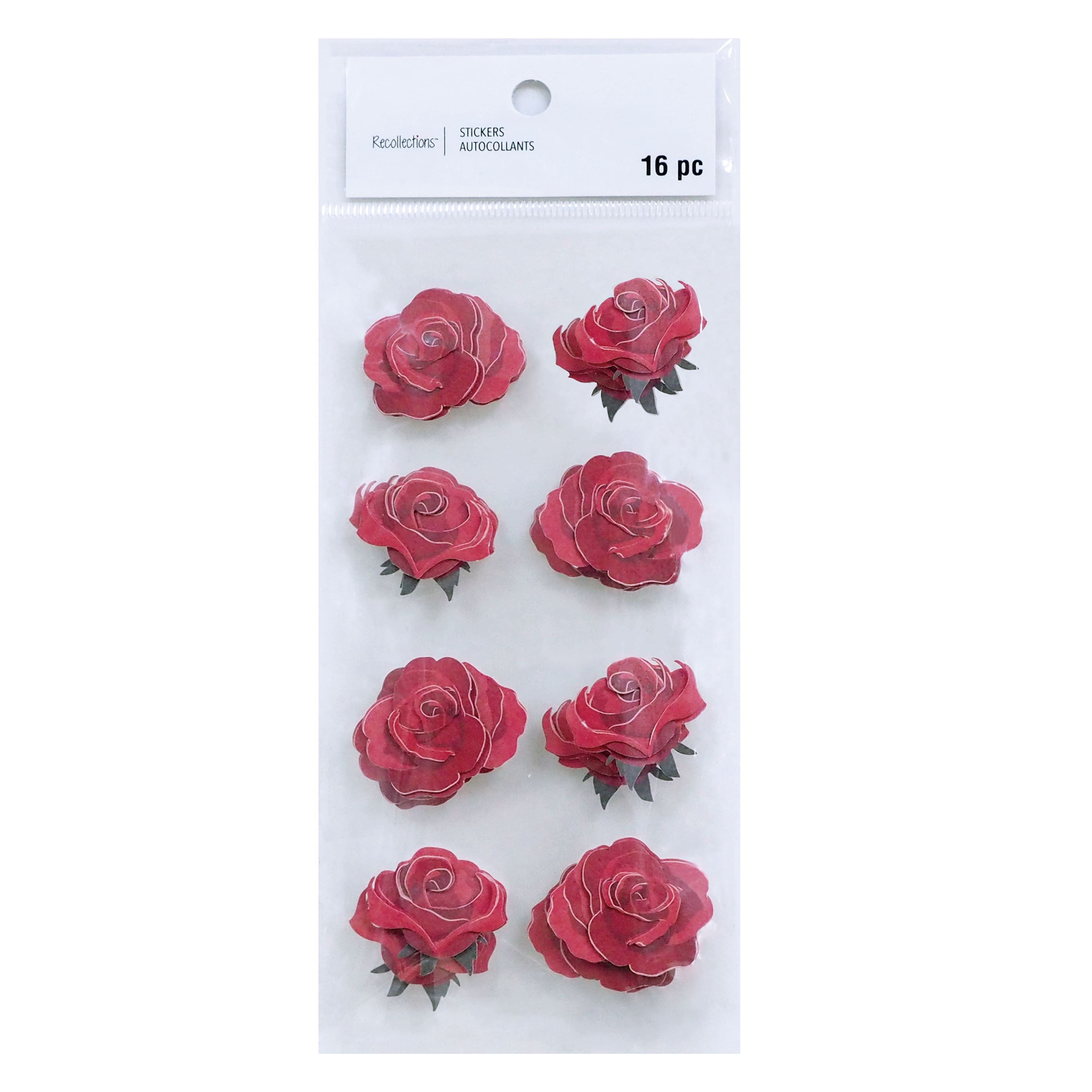 Red Roses Glitter Floral 3-D Stickers 10-Piece 