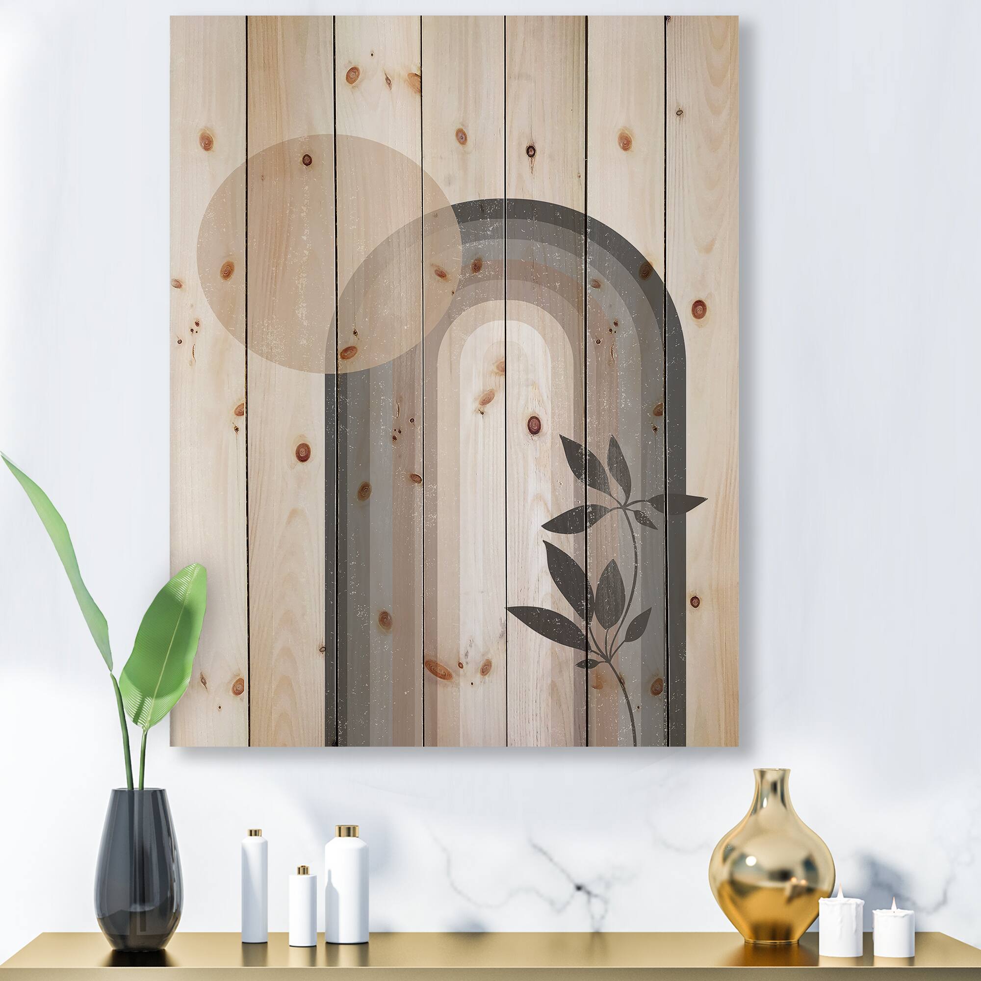 Designart - Abstract Rainbow Sun and Moon In Earth Tones III - Modern Print on Natural Pine Wood