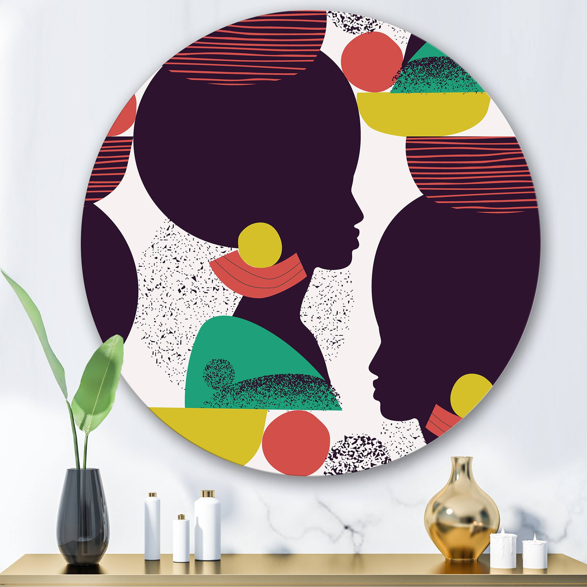 Designart - Ethnic Geometric Silhouette of Afro American III - Modern Metal Circle Wall Art