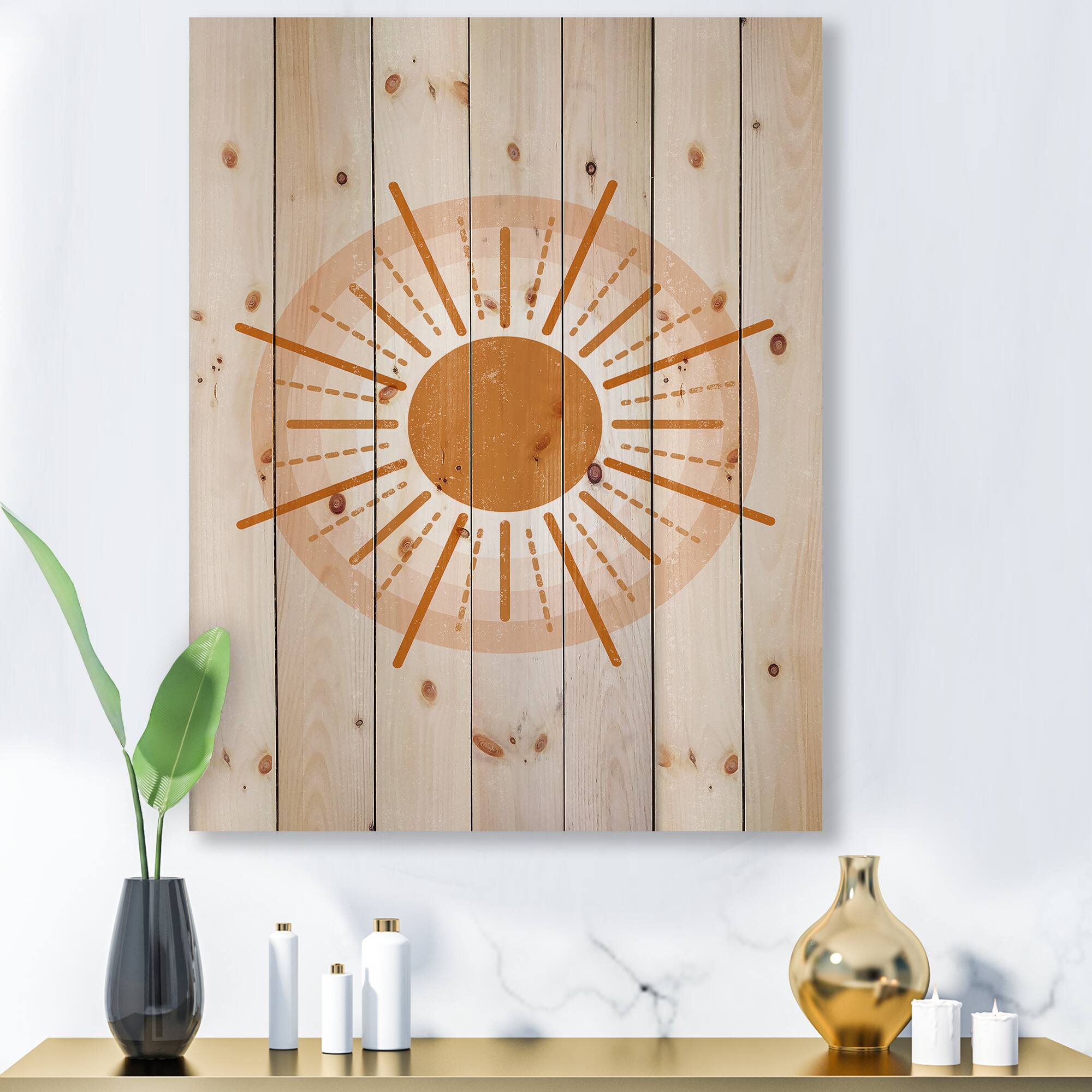 Designart - Minimal Orange Radiant Sun II - Modern Print on Natural Pine Wood