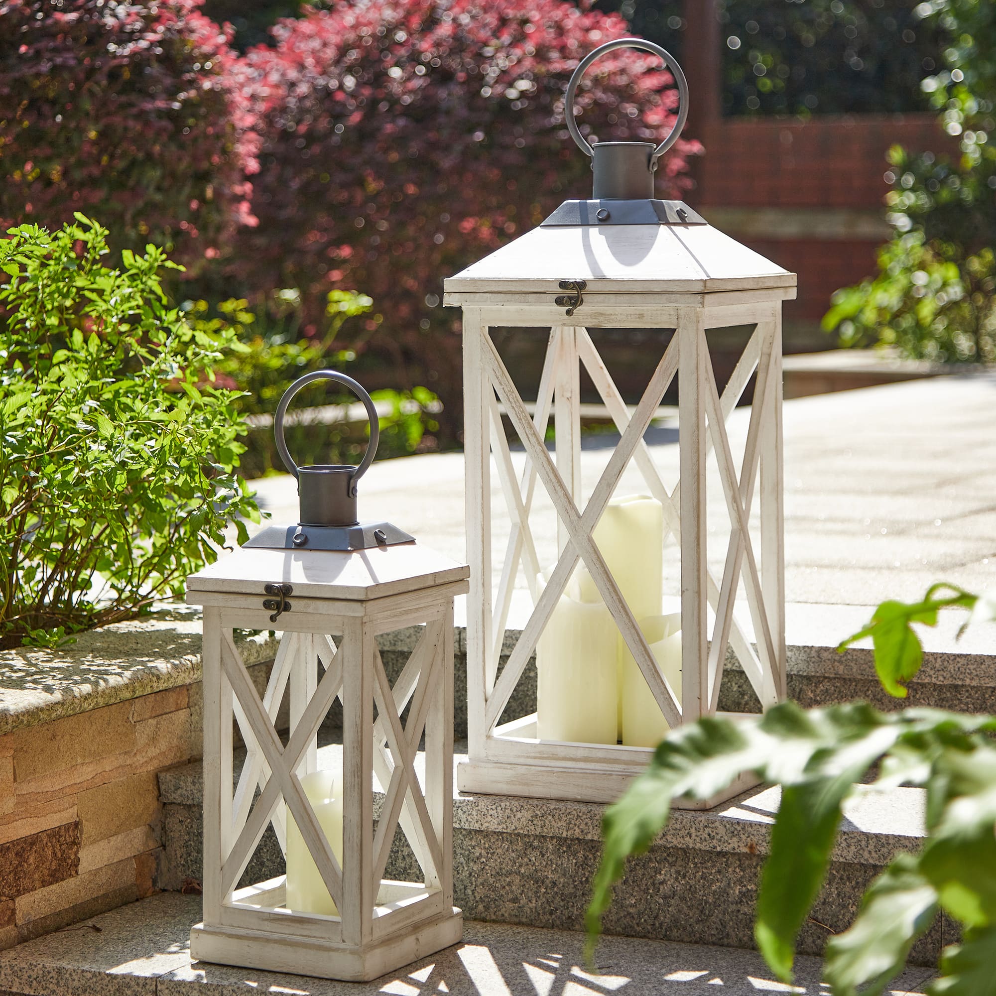 Modern Farmhouse White Wooden Lantern Set, 24" & 17"