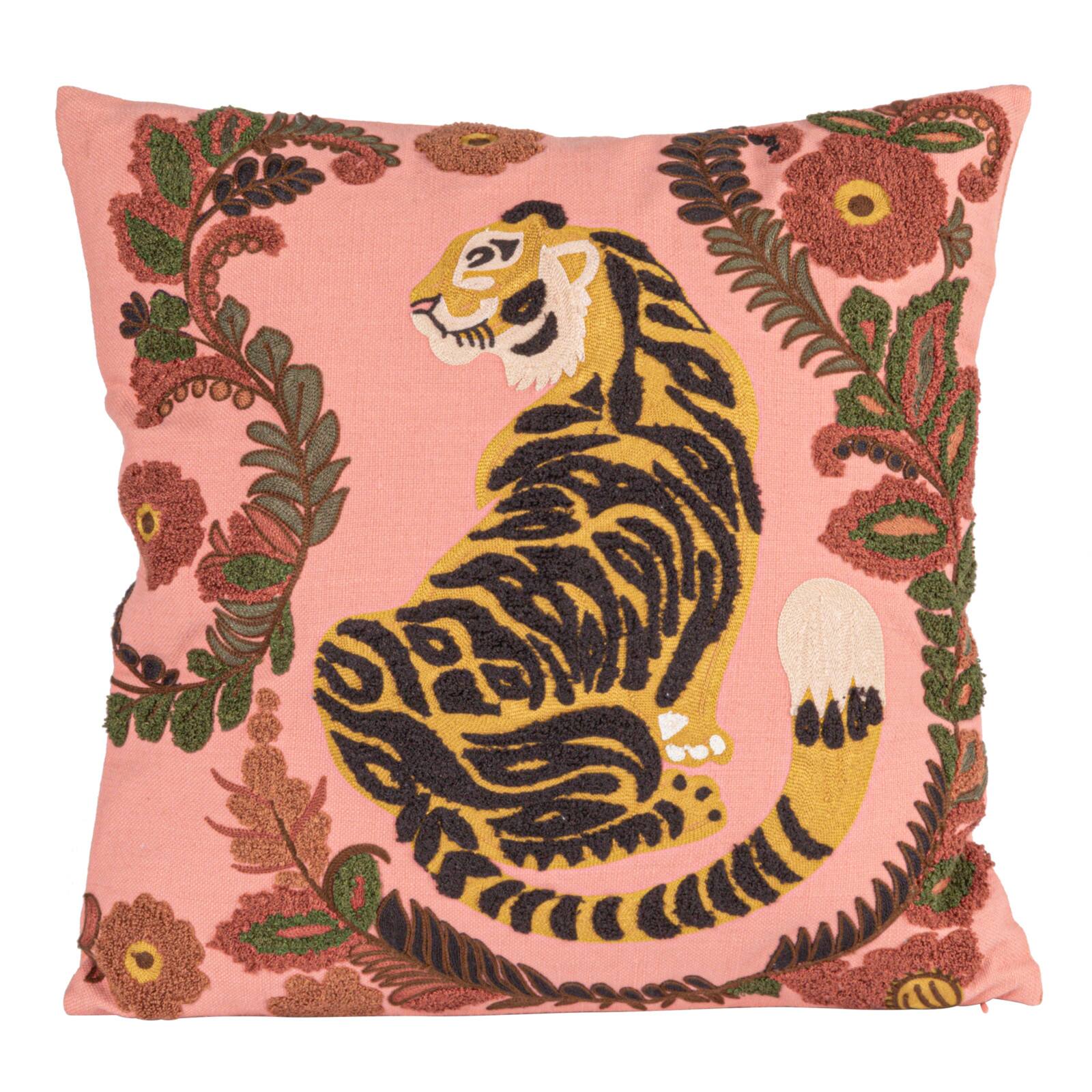 Hello Honey&#xAE; 20&#x22; Tiger &#x26; Flowers Embroidered Accent Pillow