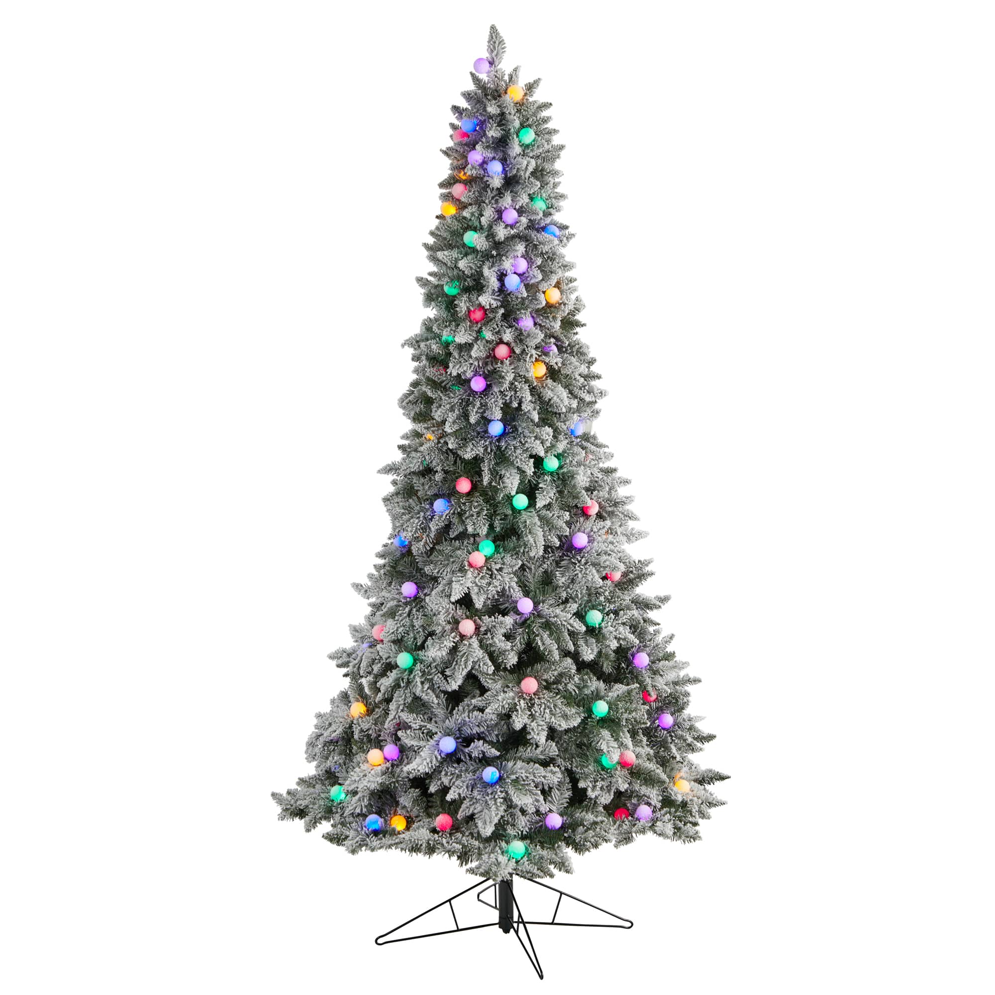 8.5ft. Pre-Lit Flocked British Columbia Mountain Fir Artificial Christmas Tree, Multicolor Globe Bulbs