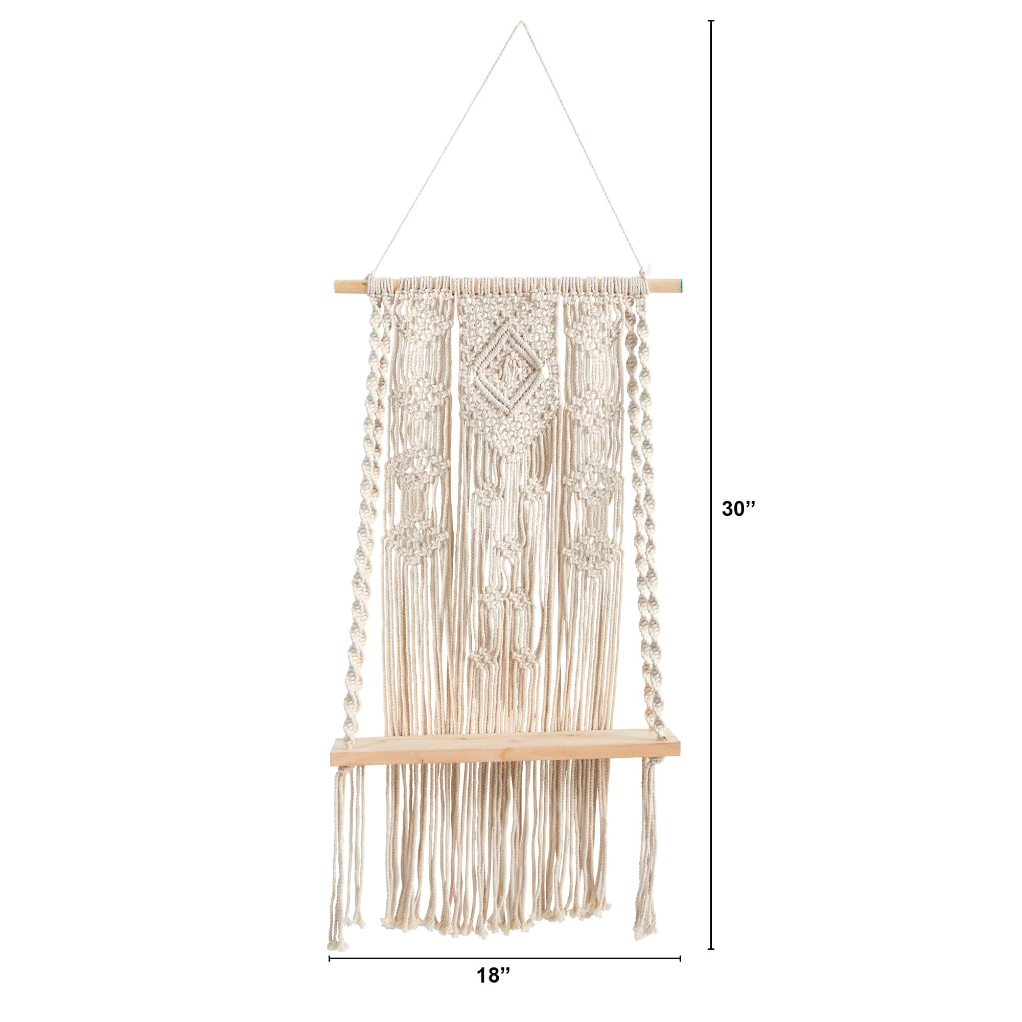 2.5ft. x 1.5ft. Hand Crafted Woven Macrame Wall Hanging with Wooden Shelf