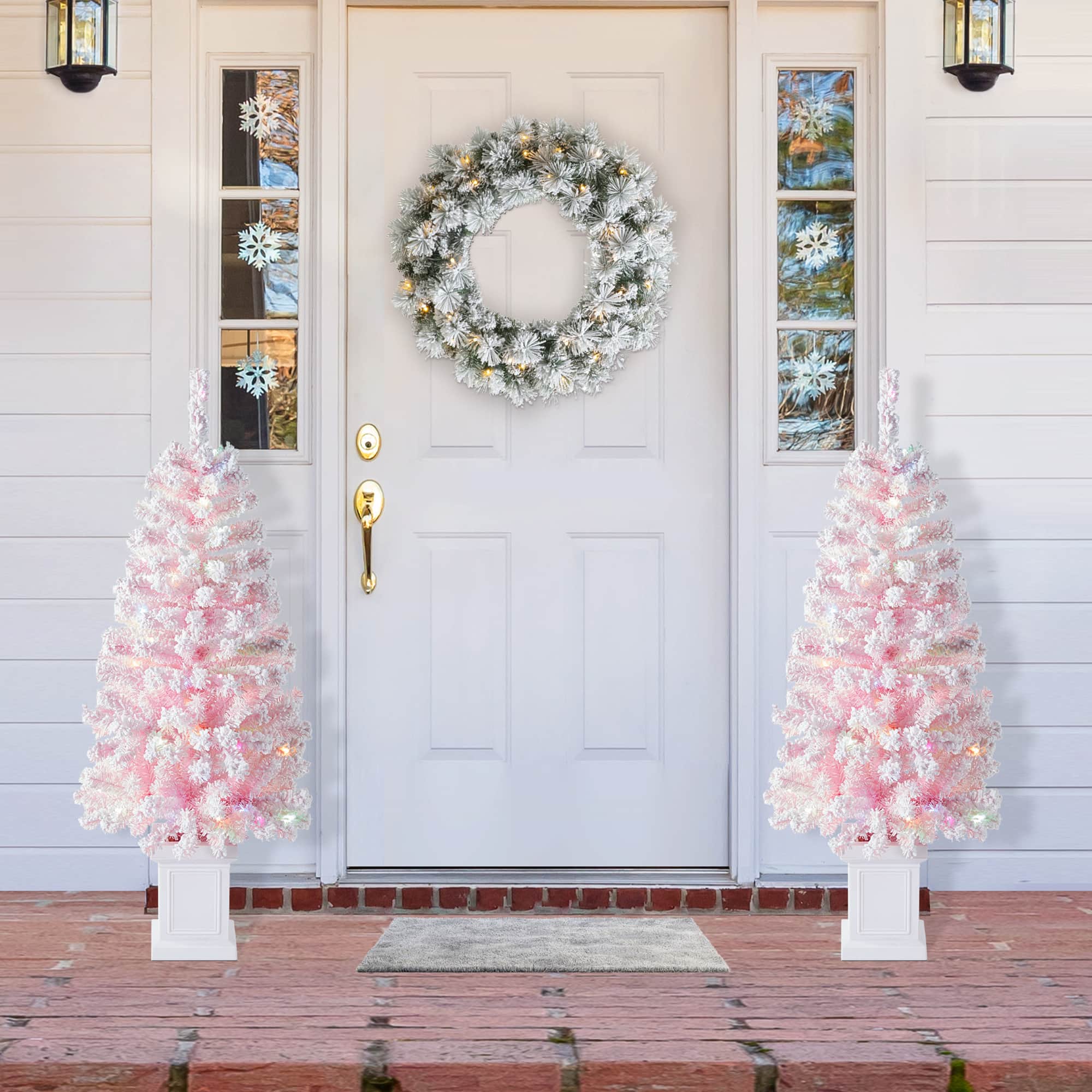 Glitzhome&#xAE; 4ft Pre-Lit Flocked Pink Artificial Christmas Porch Tree, Multi-color LED Lights