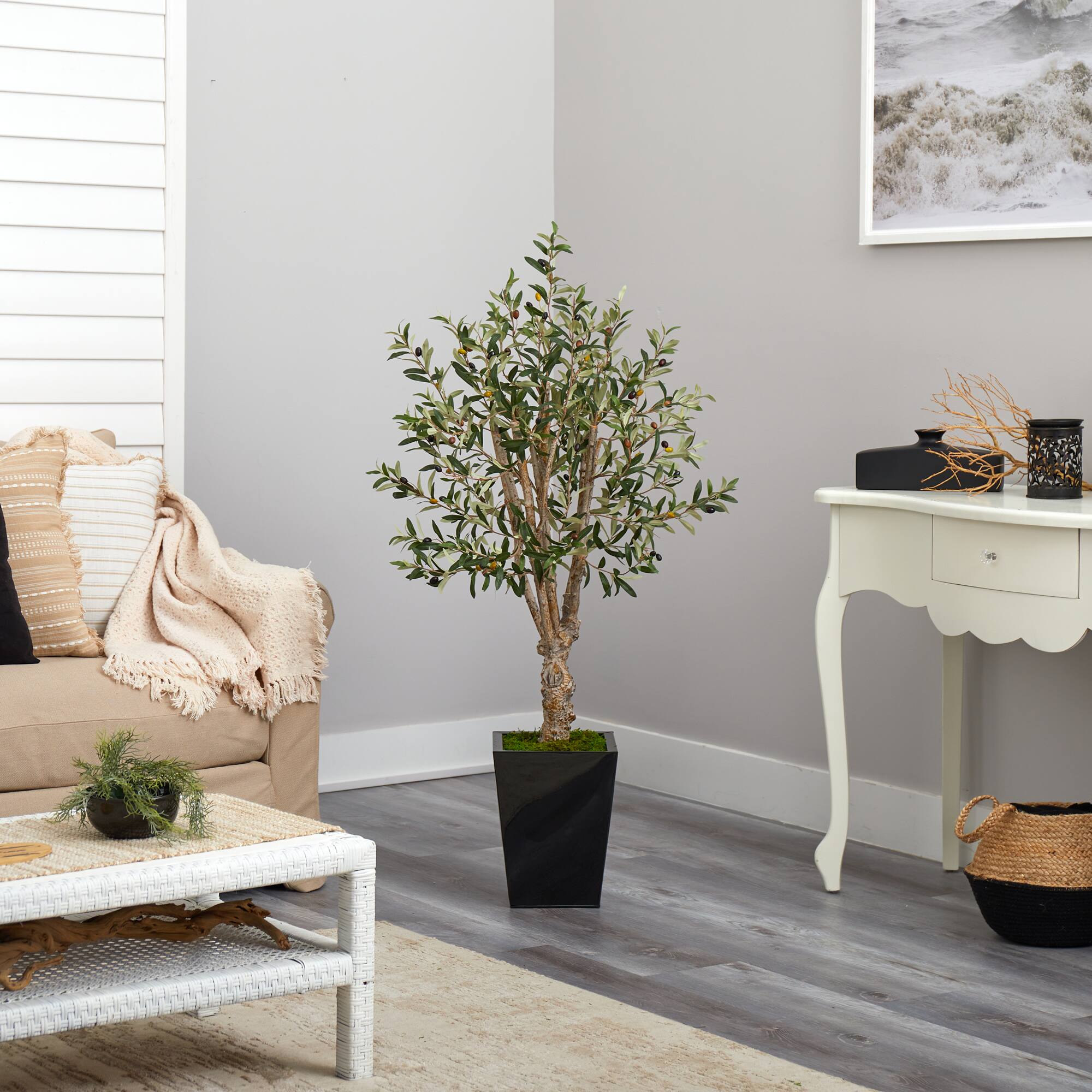 4.5ft. Olive Artificial Tree in Black Metal Planter