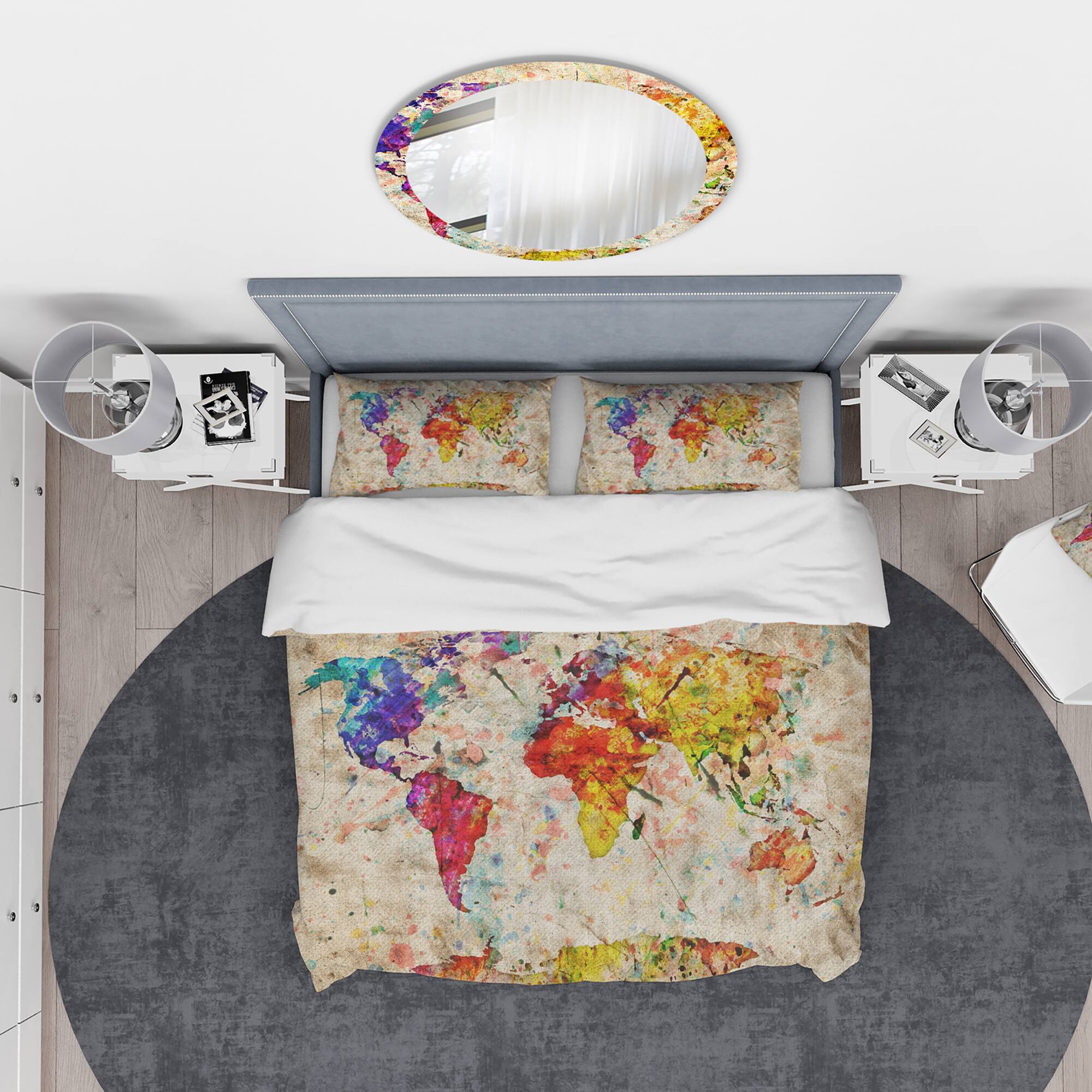 Designart 'Vintage World Map Watercolor' Large Map Bedding Set - Duvet Cover & Shams