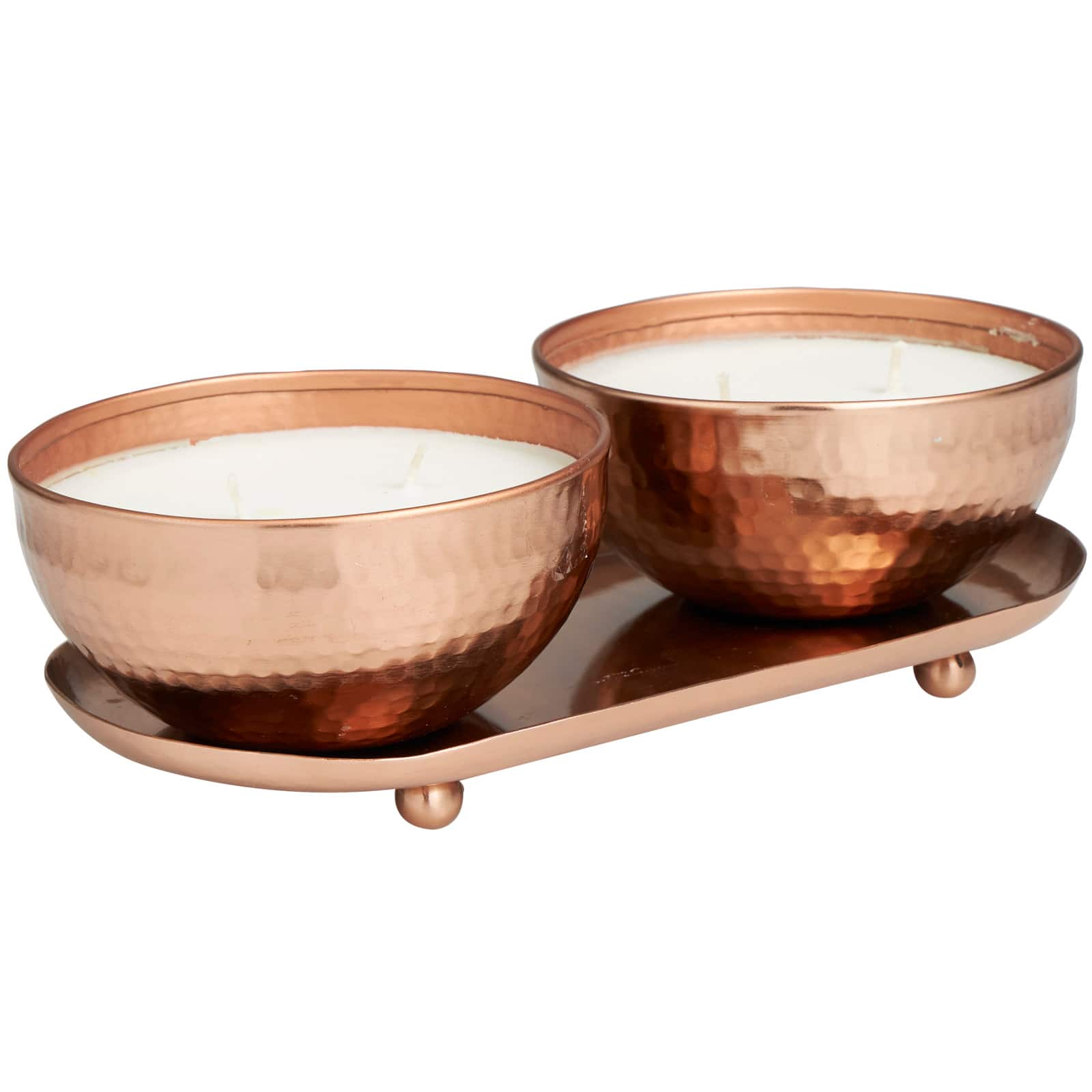 White Wax Tropical Breeze Scented Candle with Copper Hammered Container and Oval Holding Tray