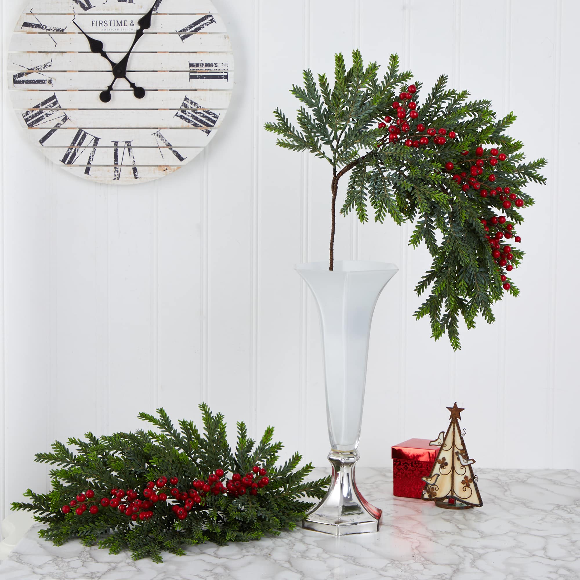 34" Pine & Berries Artificial Hanging Plant Set