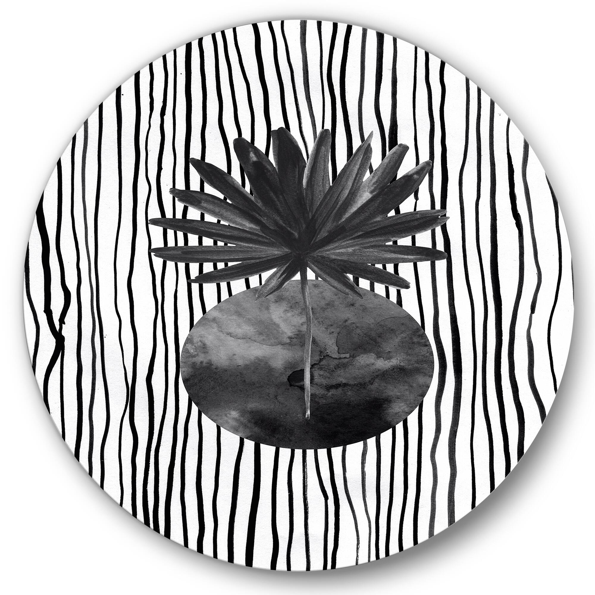 Designart - Black and White Tropical Leaf On Striped I - Modern Metal Circle Wall Art