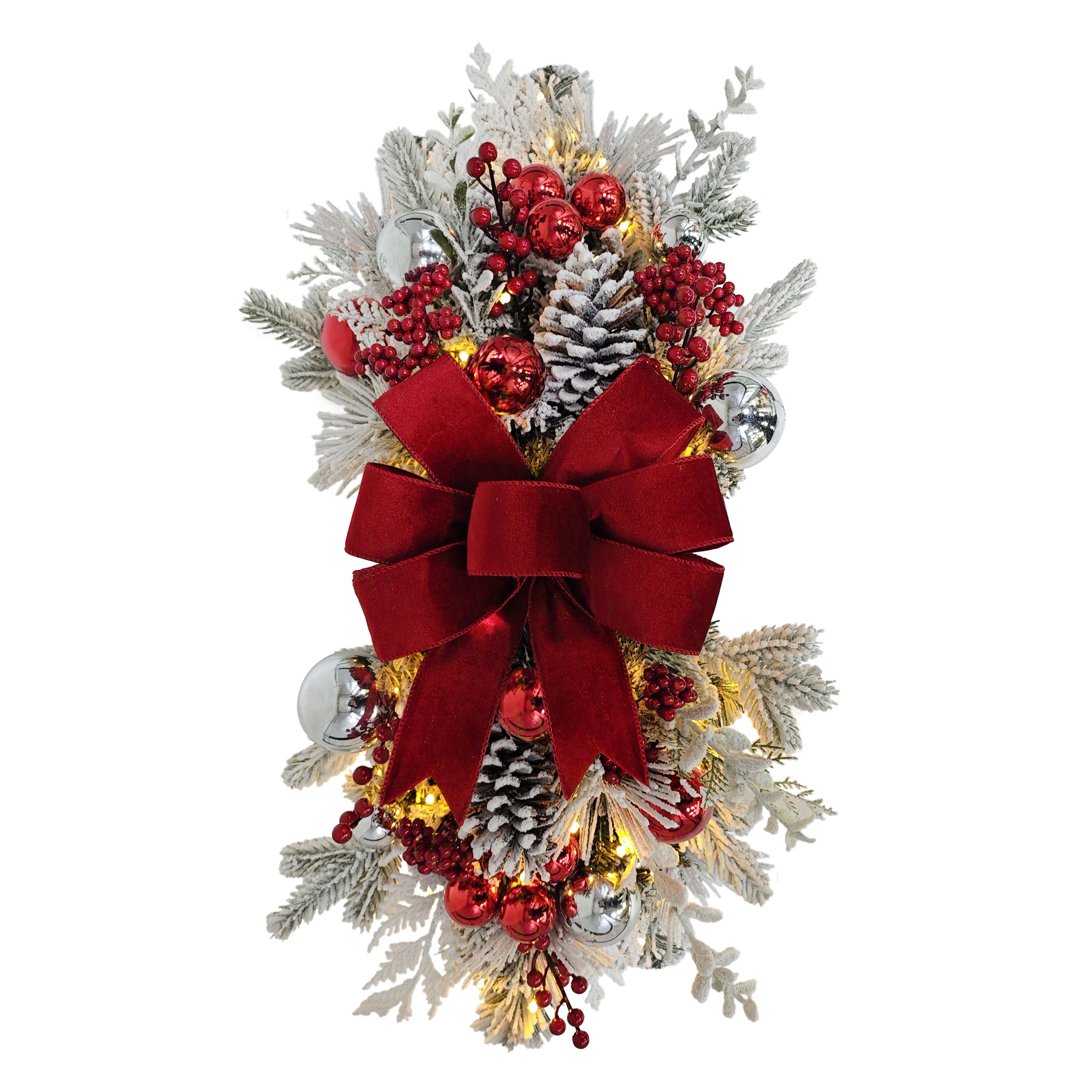 28" Pre-Lit Red & Silver Adorned Artificial Flocked Banister Swag