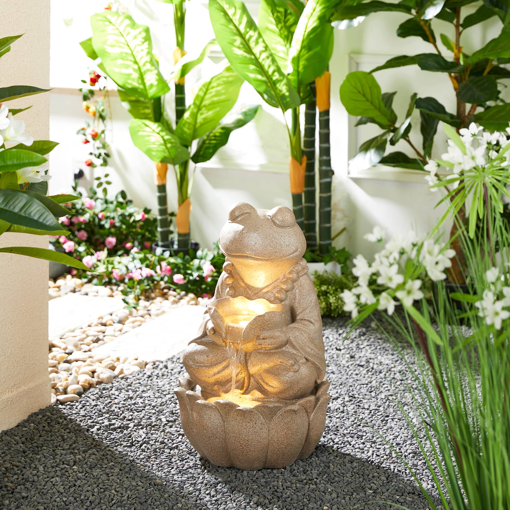 Glitzhome® 21.75" Sand Beige Zen-Style LED 2-Tier Frog Outdoor Fountain