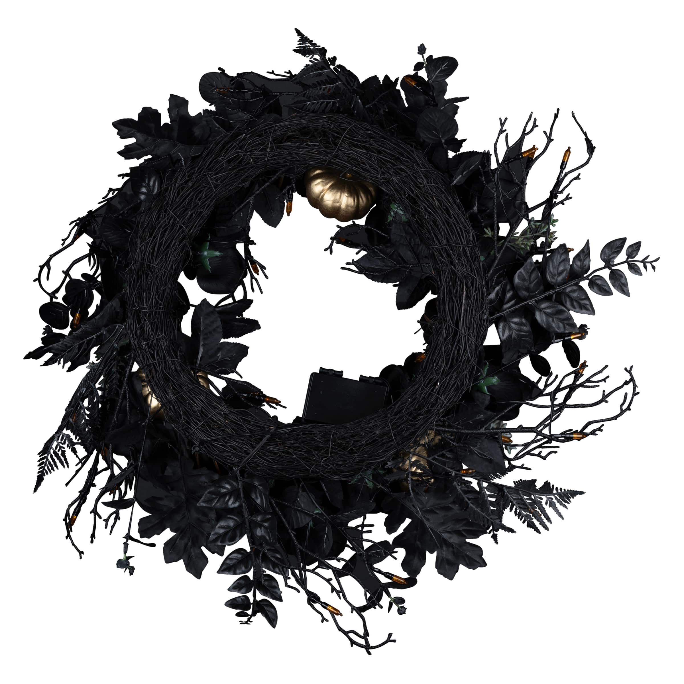 24" Chic Eek Black Flower & Pumpkin Halloween Pre-Lit LED Wreath