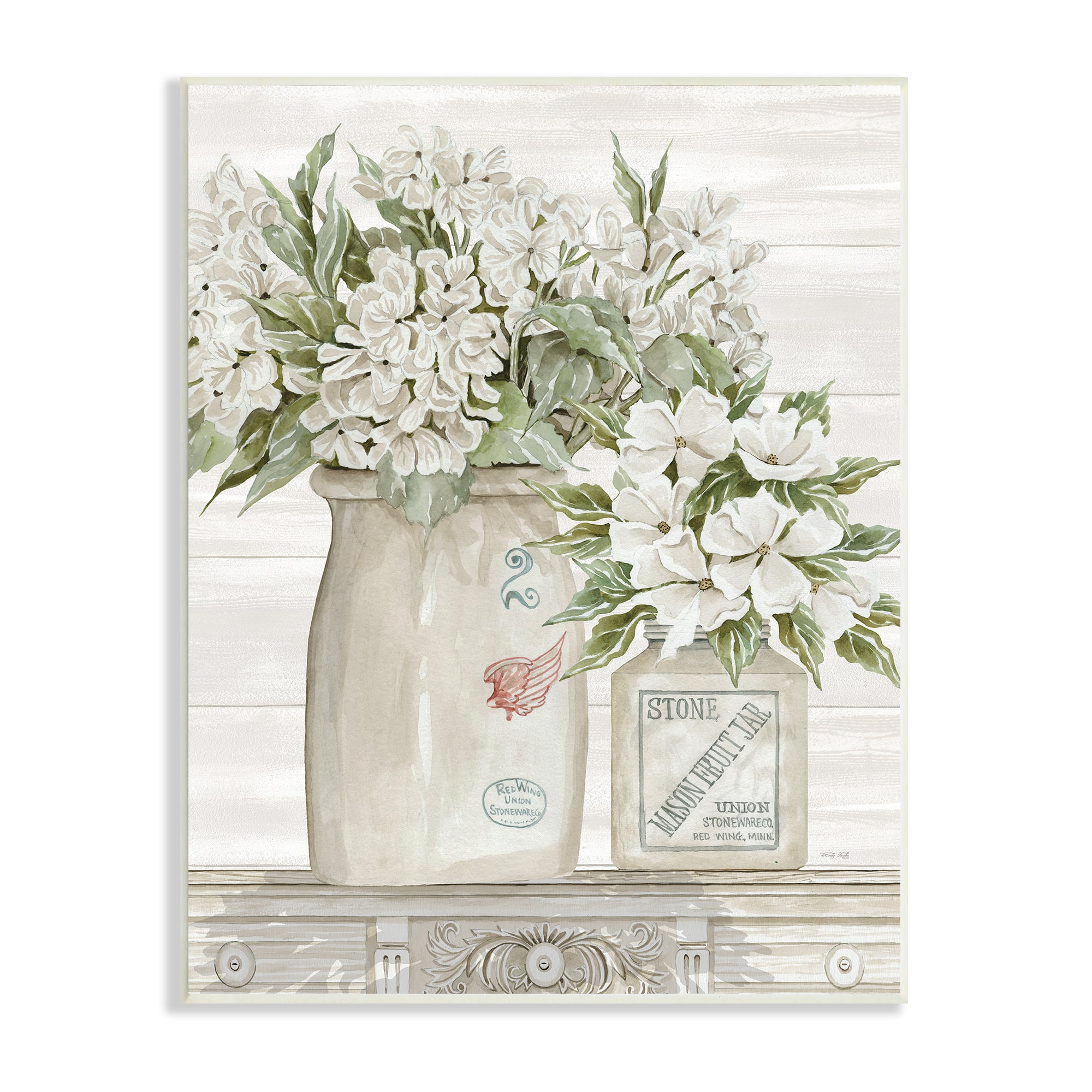 Stupell Industries Alluring White Florals Classic Country Ceramic Jars Wall Plaque