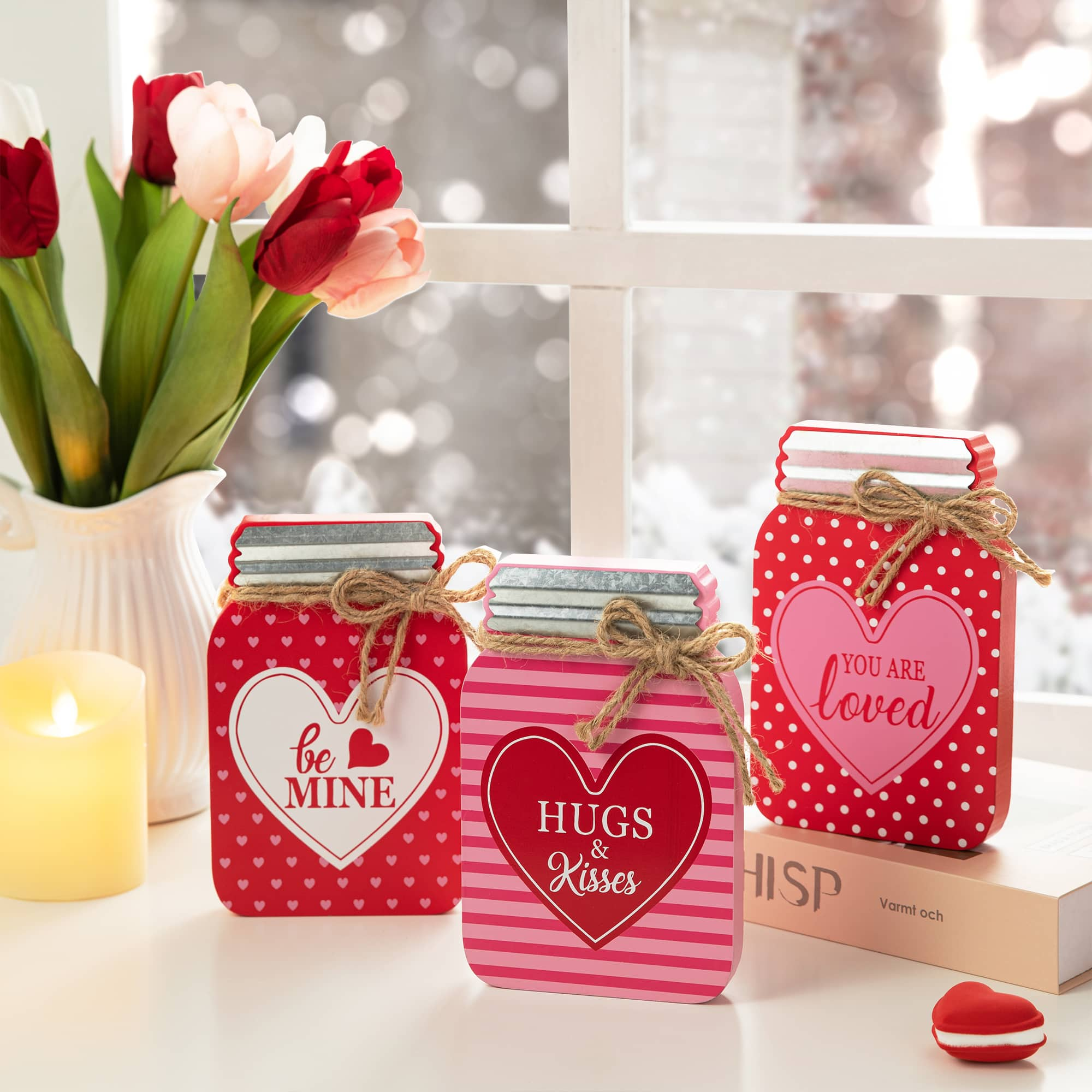 Glitzhome&#xAE; 7&#x22; Set of 3 Valentine&#x27;s Wooden Mason Jar Table Decor