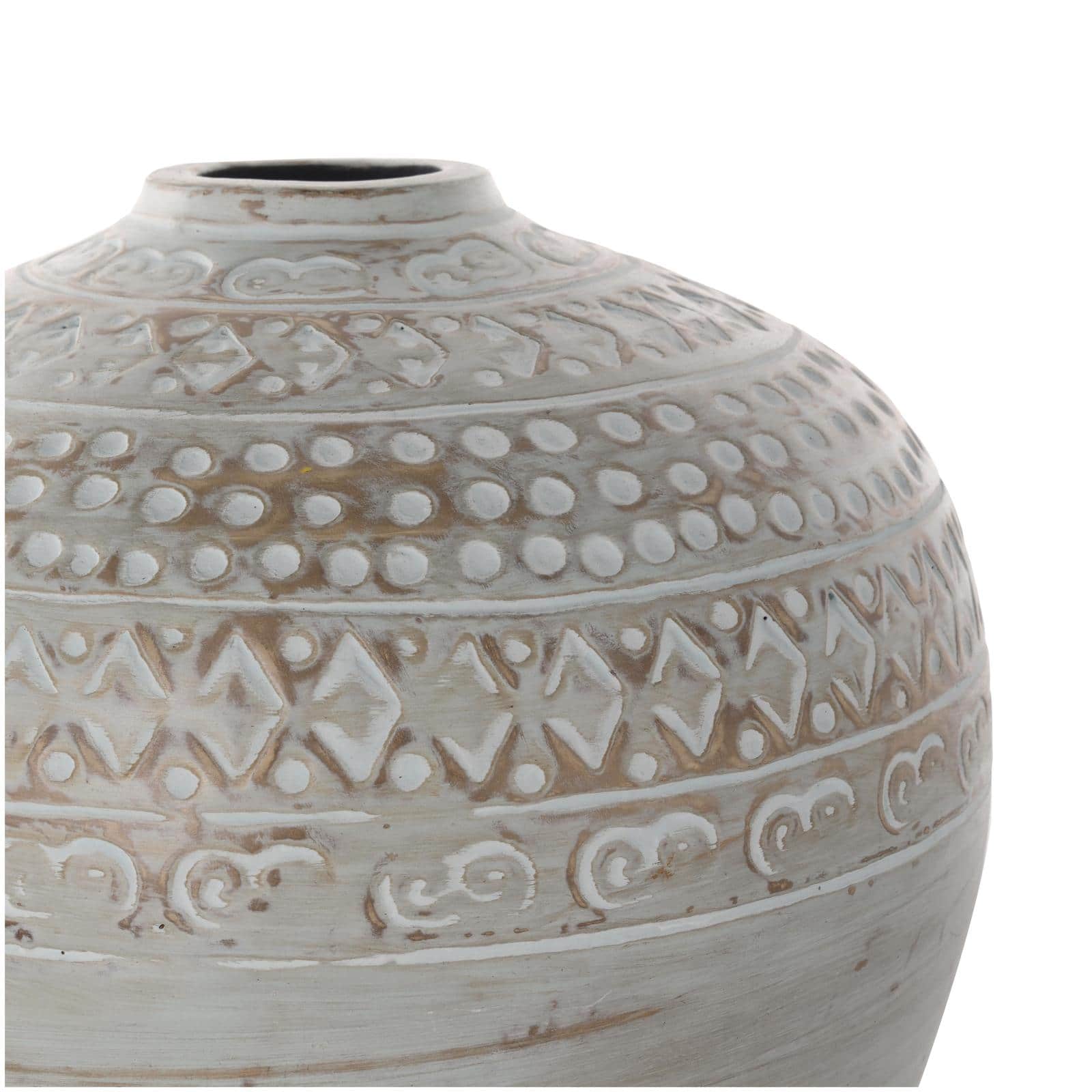 11.75" Green Antique-Style Wide Rounded Ceramic Vase with Geometric Carvings