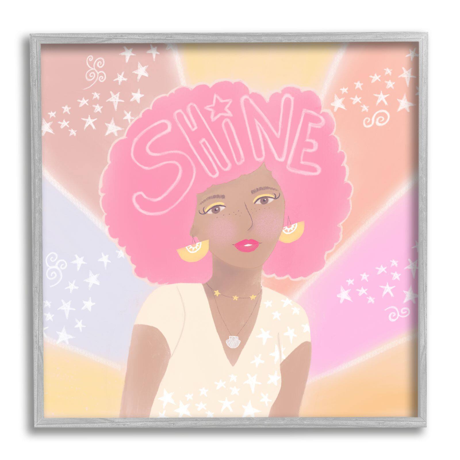 Stupell Industries Playful Shine Phrase Girl with Afro Rainbow Stars Framed Wall Art