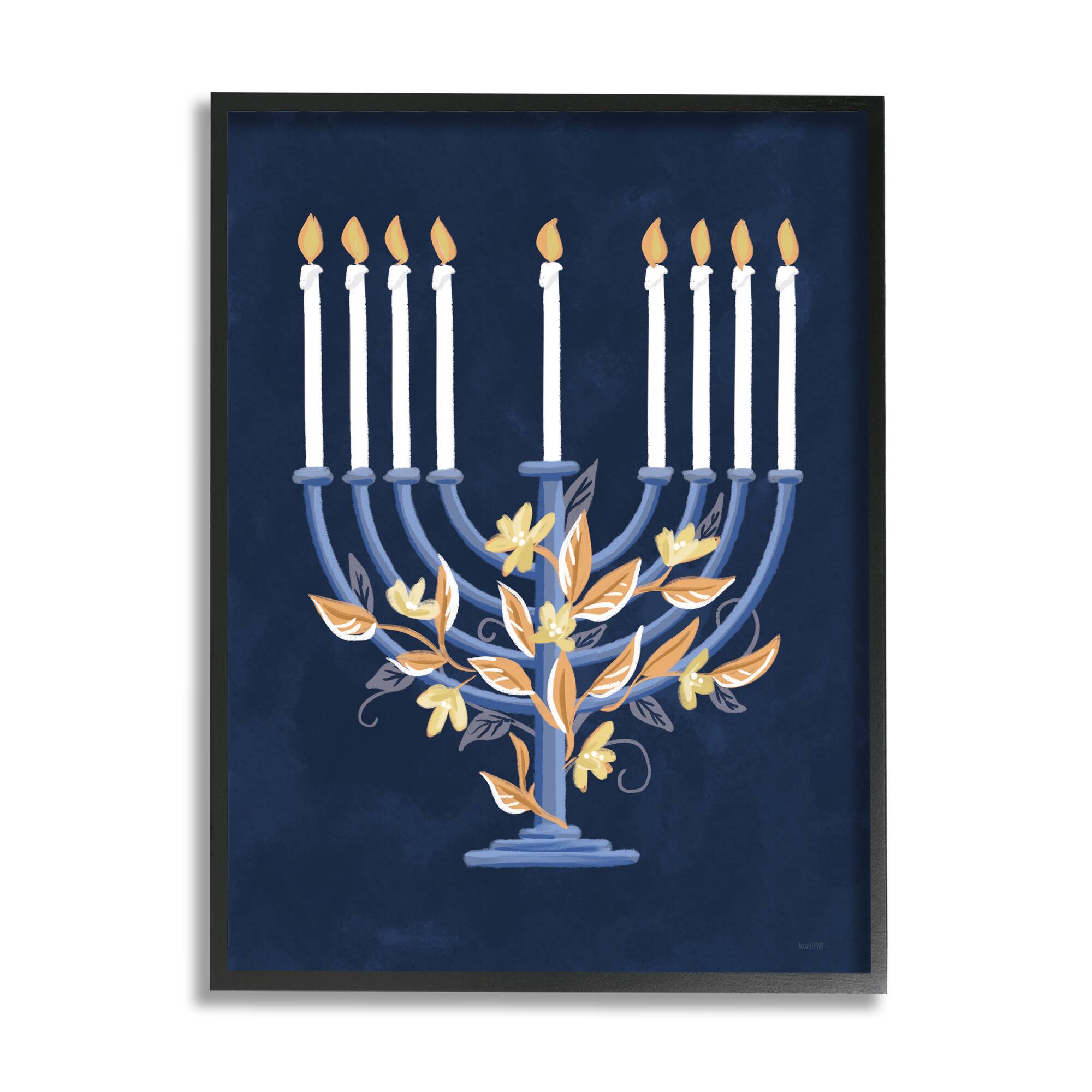 Stupell Industries Traditional Floral Hanukkah Menorah Framed Giclee Art