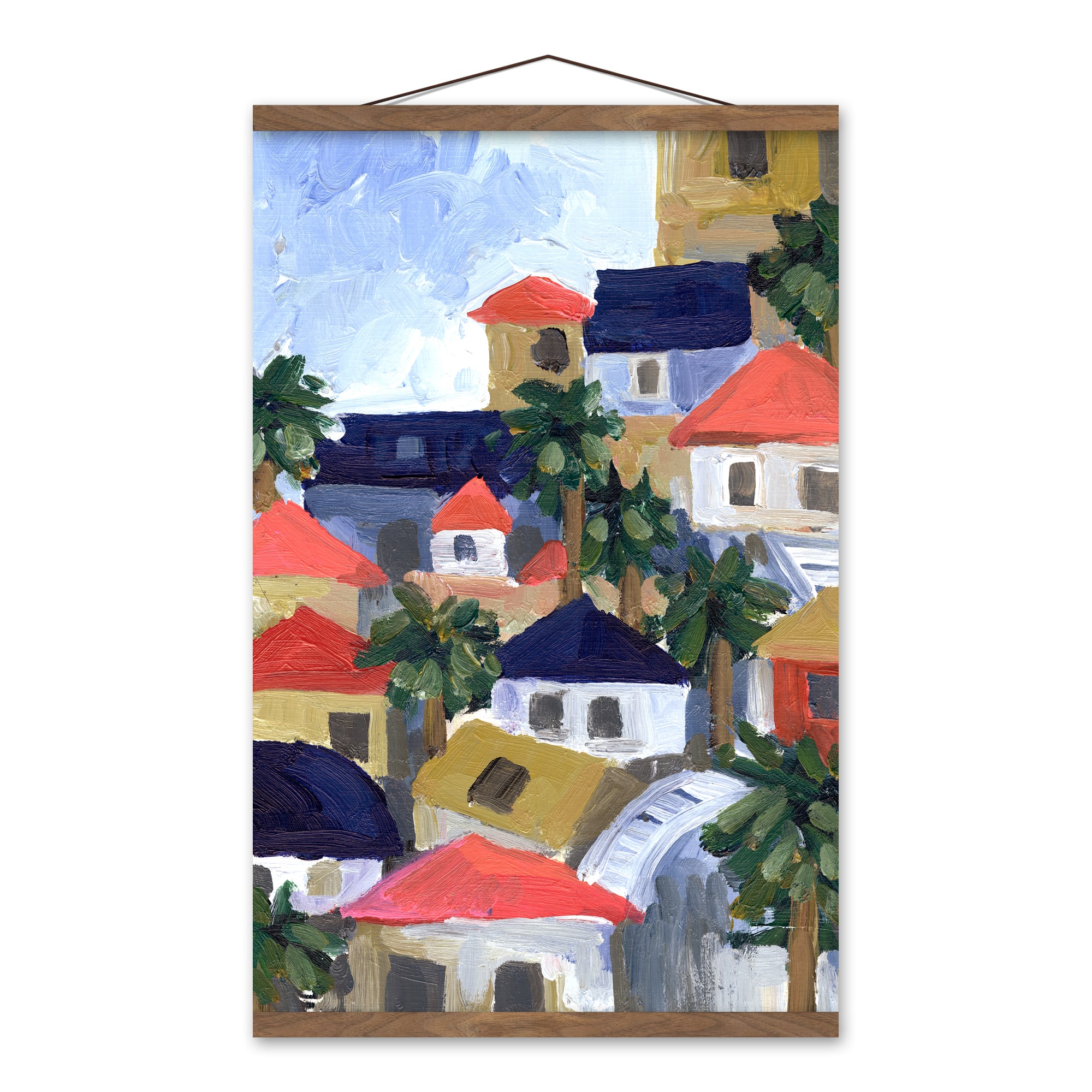 Tropical Town Painting 16" x 24" Teak Hanging Canvas