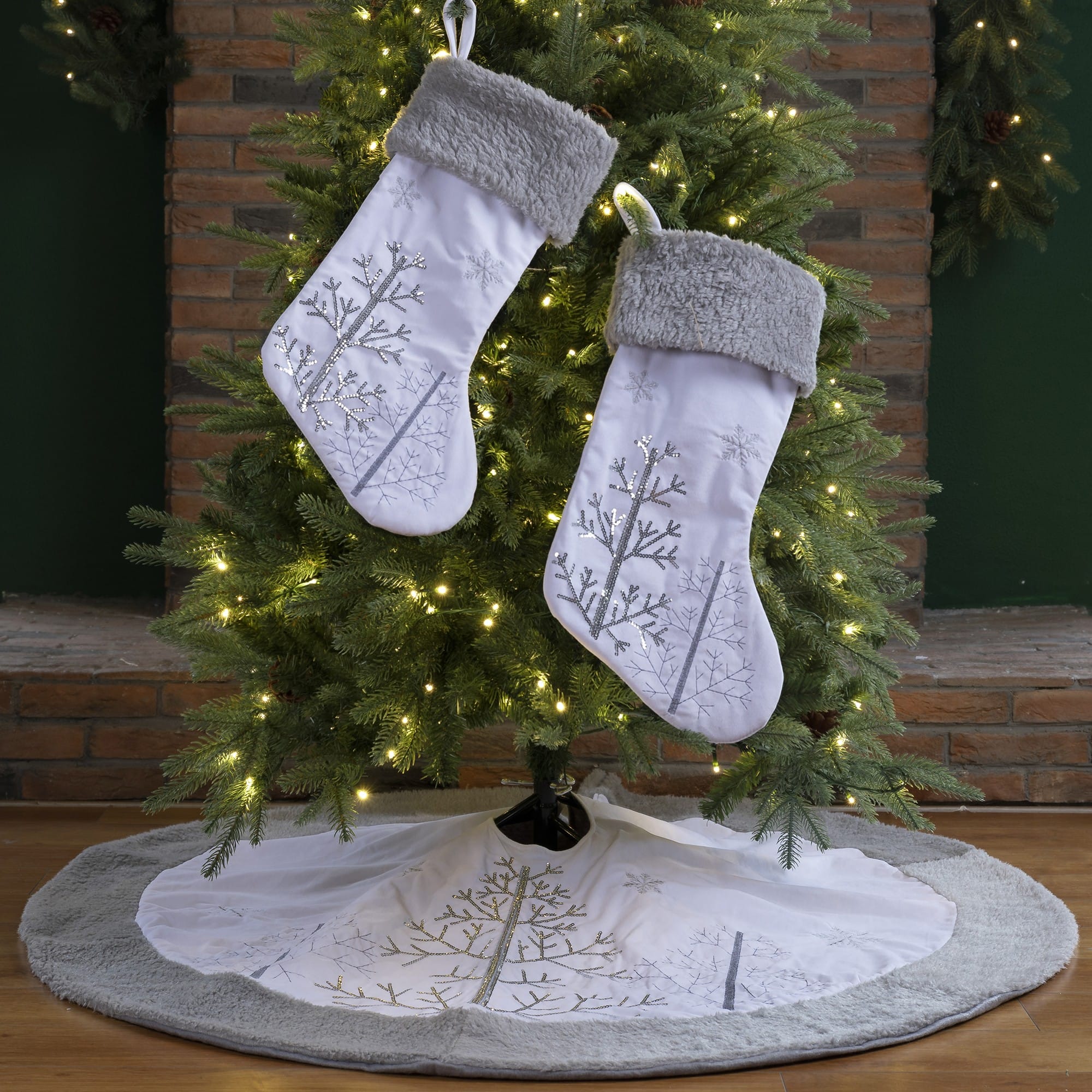 Glitzhome&#xAE; White Fleece Christmas Stocking &#x26; Tree Skirt Set