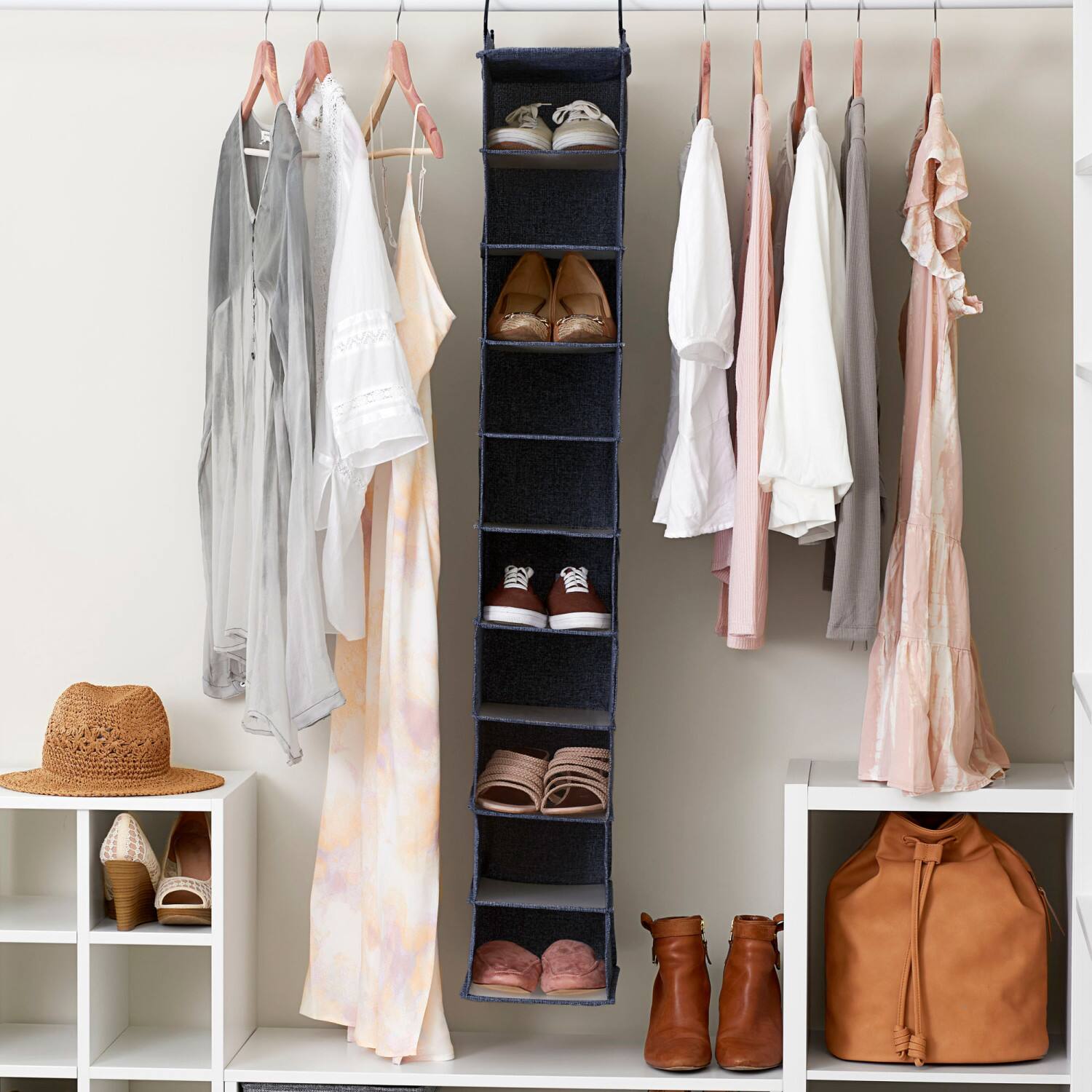 Household Essentials 48" Denim Cotton Blend & Plastic Hanging 10 Shelf Closet Organizer