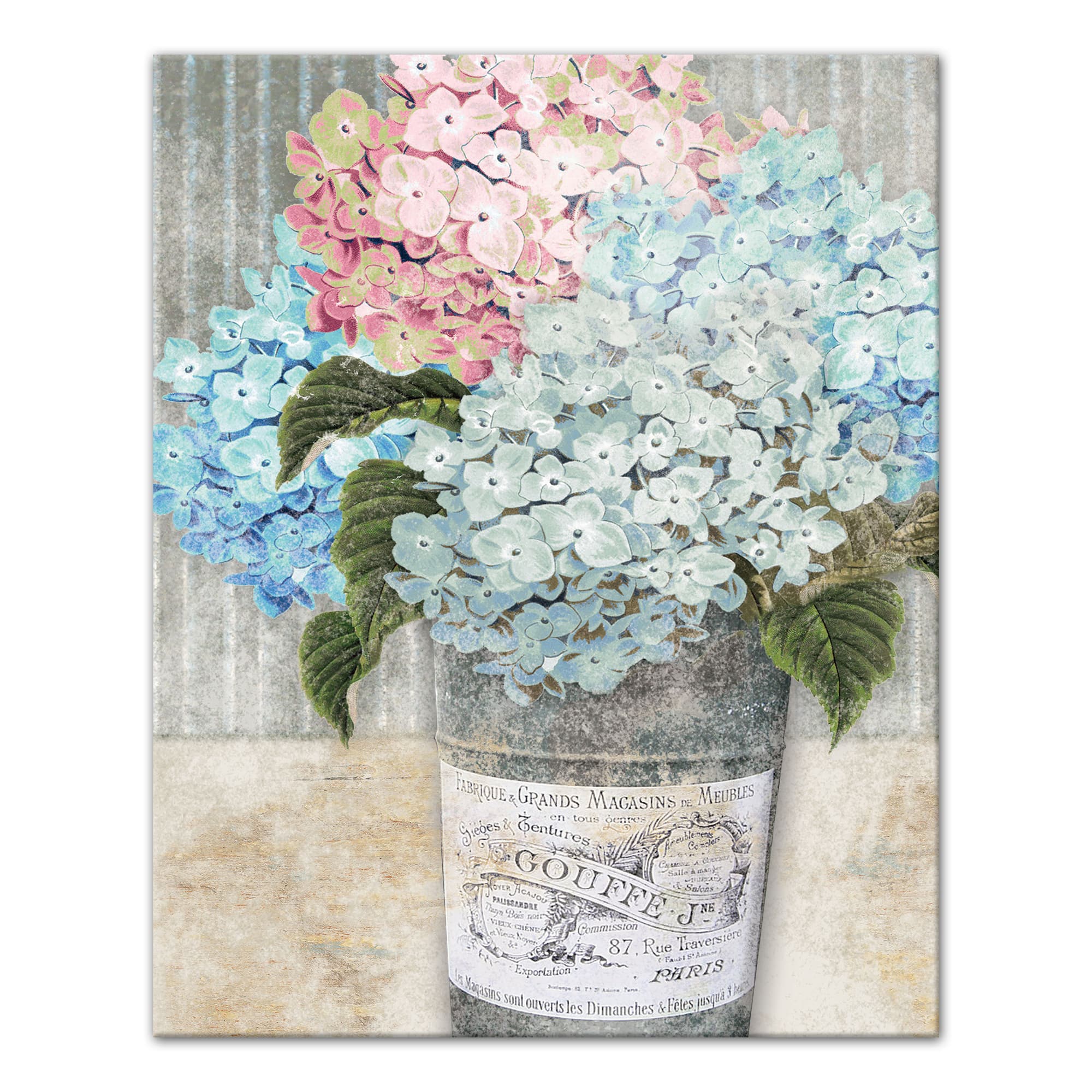 Hydrangeas In Bucket 16" x 20" Canvas Wall Art