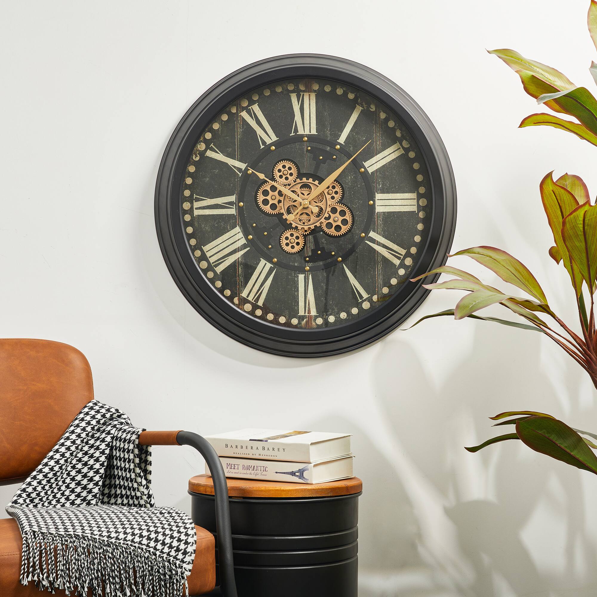 Glitzhome&#xAE; 27.5&#x22; Oversized Vintage Round Black Gear Clock