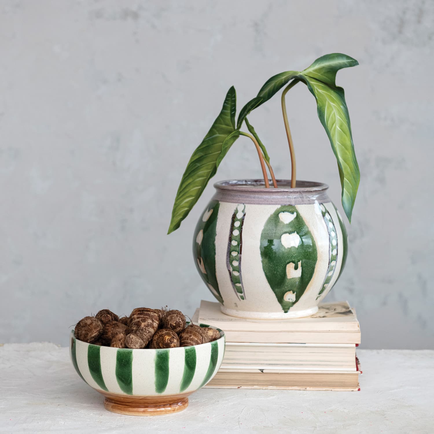 10.5&#x22; Round Hand-Painted Stoneware Footed Bowl with Stripes &#x26; Reactive Glaze