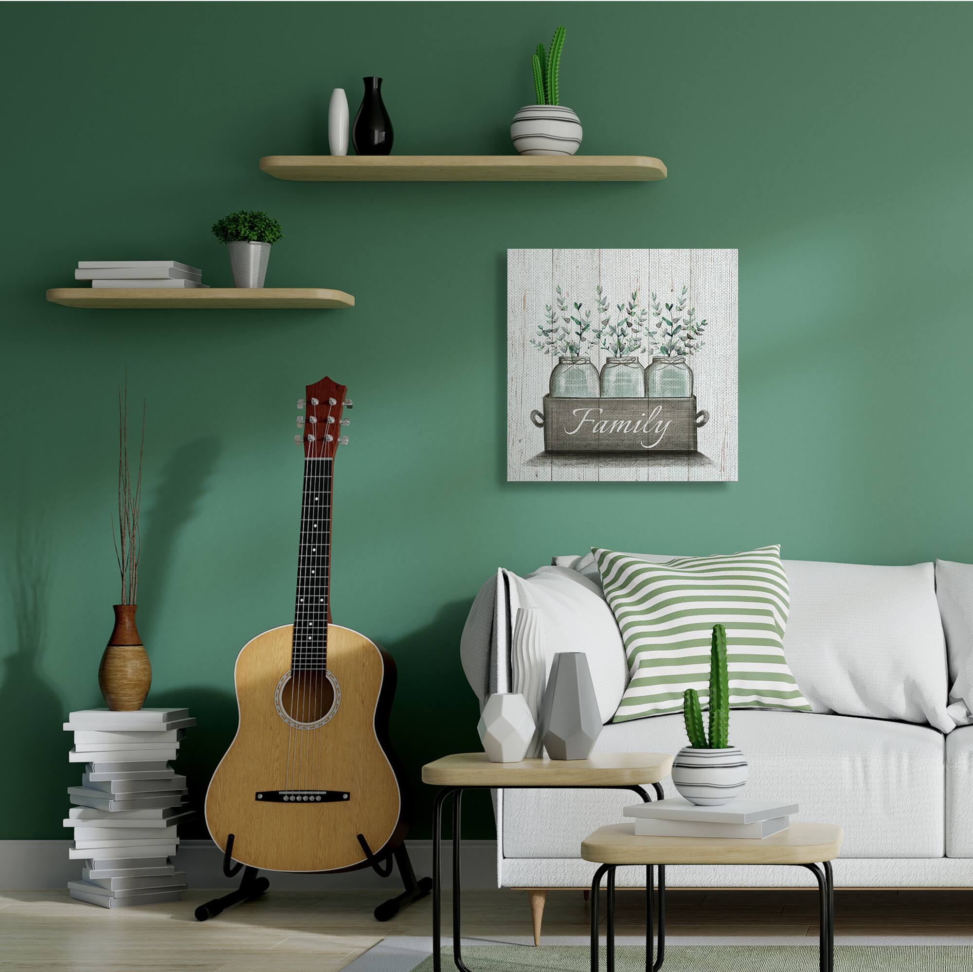 Stupell Industries Green Eucalyptus Foliage Jars with Family Sentiments Canvas Wall Art